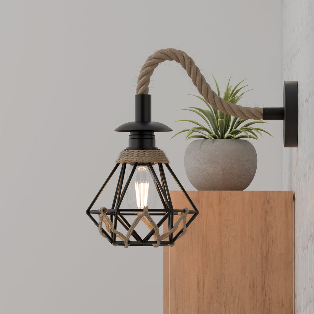 Vintage Industrial Hemp Rope Wall Sconce Light with Adjustable Metal Shade