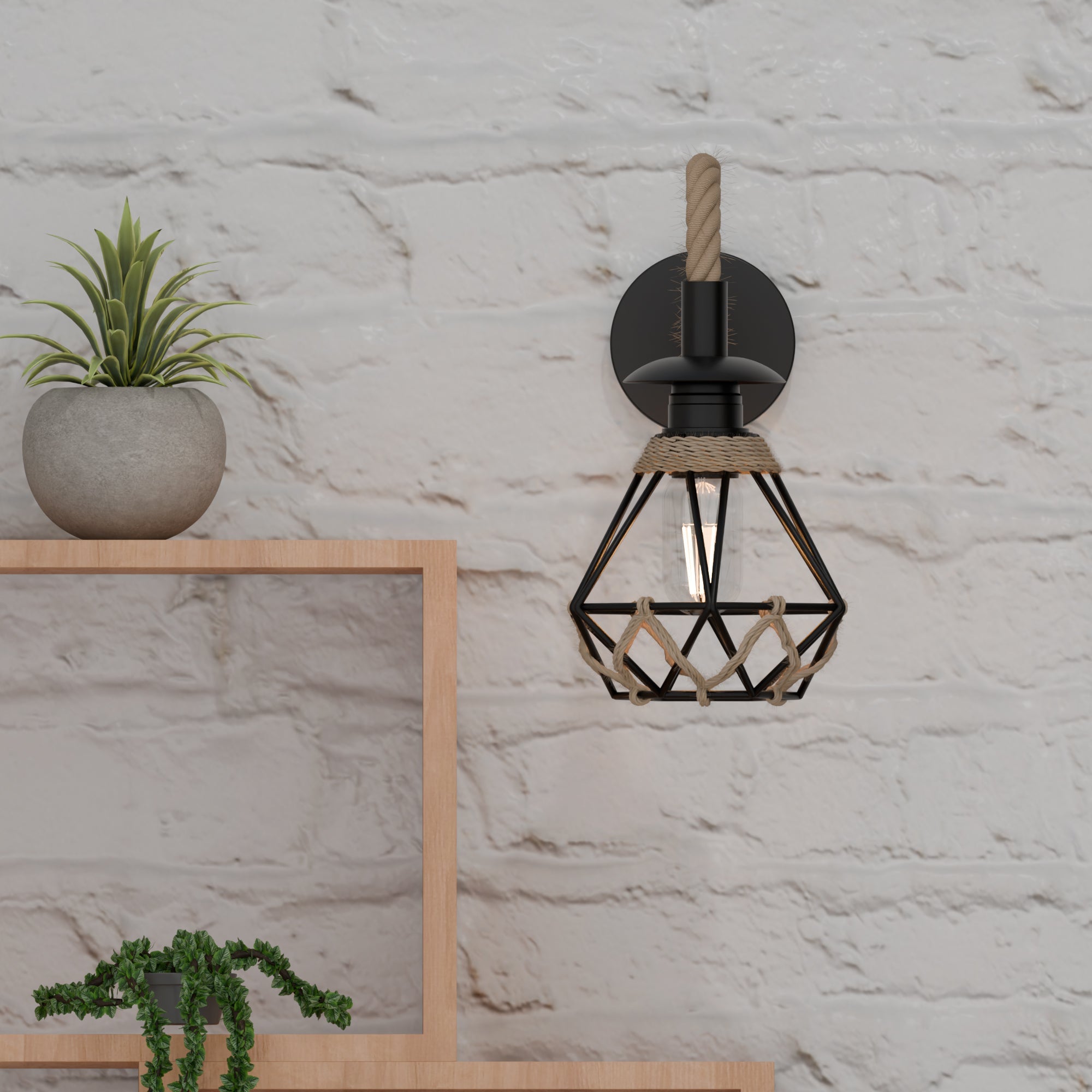 Vintage Industrial Hemp Rope Wall Sconce Light with Adjustable Metal Shade