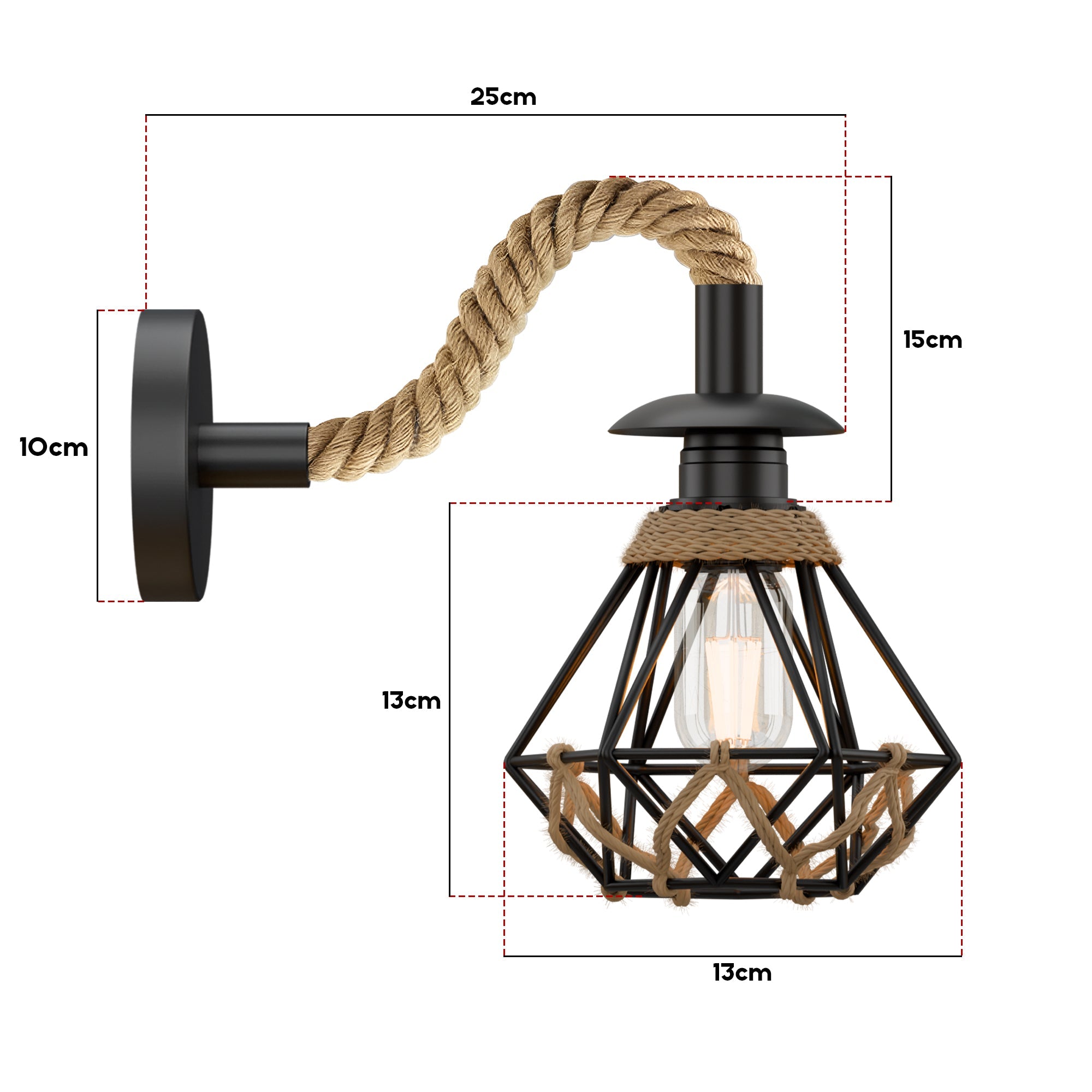 Vintage Industrial Hemp Rope Wall Sconce Light with Adjustable Metal Shade