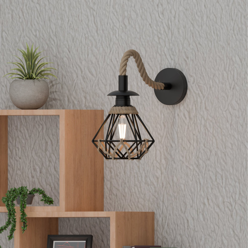 Vintage Industrial Hemp Rope Wall Sconce Light with Adjustable Metal Shade