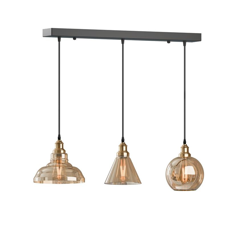 Industrial 3-Head Amber Glass Pendant Ceiling Light Fixture for Dining Room