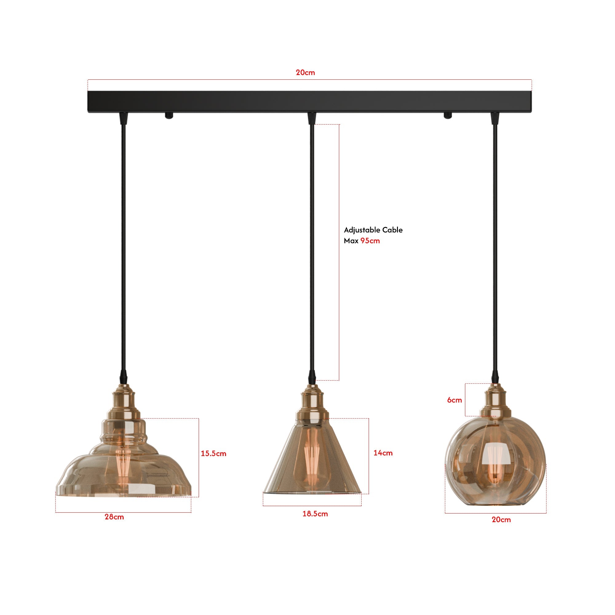 Industrial Style 3-Head Amber Glass Pendant Ceiling Light Fixture~6162