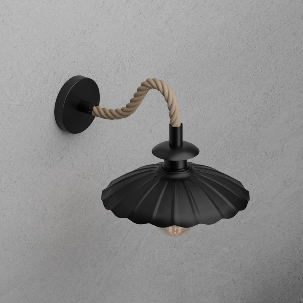 Industrial Black Hemp Rope Wall Sconce Light with 22cm Umbrella Shade