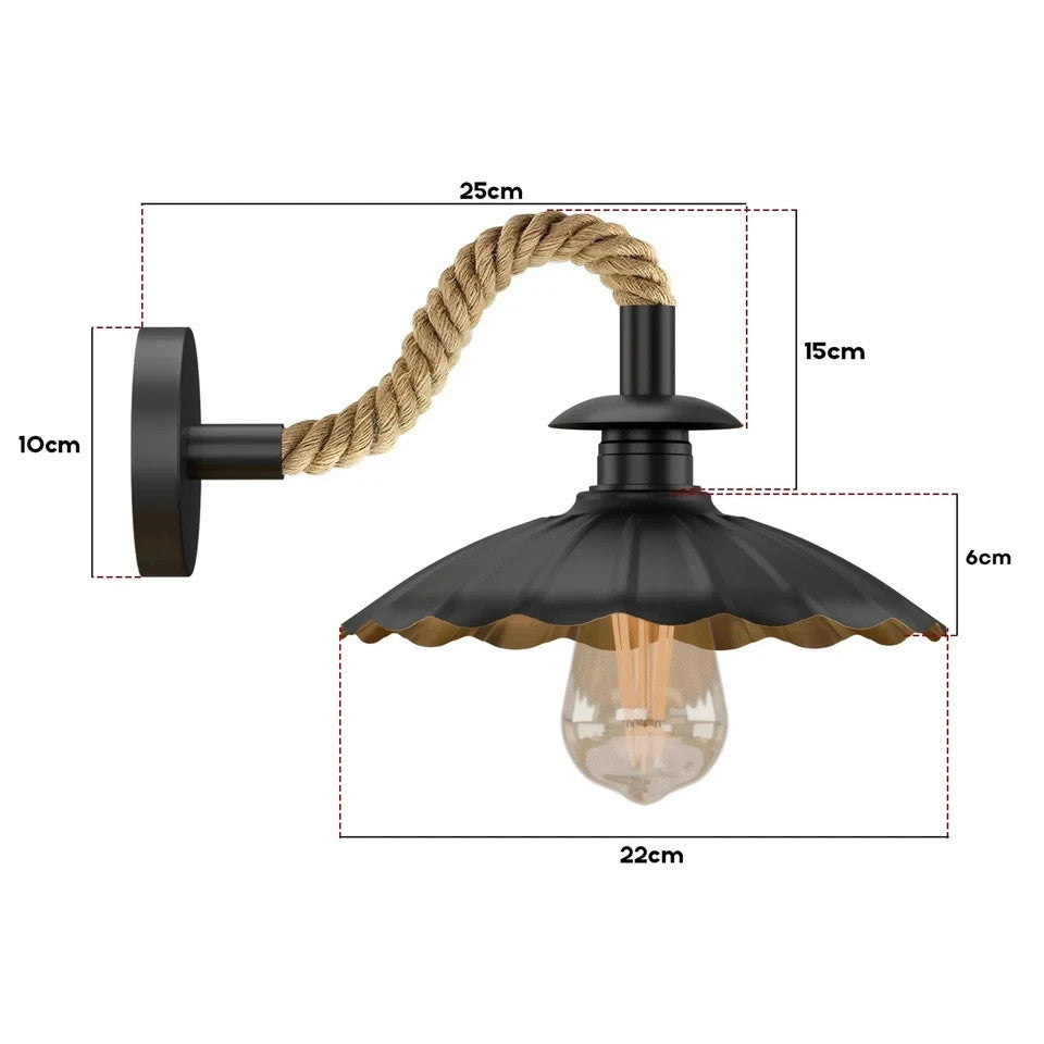 Industrial Black Hemp Rope Wall Sconce Light with 22cm Umbrella Shade