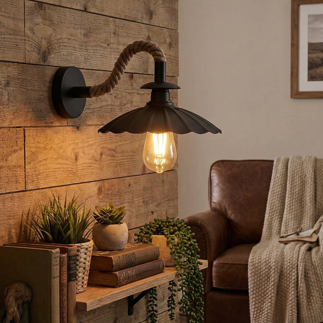 Industrial Black Hemp Rope Wall Sconce Light with 22cm Umbrella Shade
