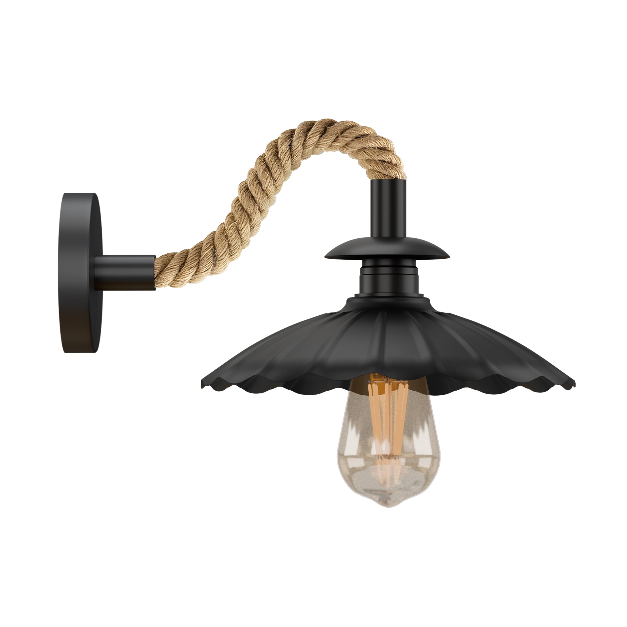 Industrial Black Hemp Rope Wall Sconce Light with 22cm Umbrella Shade