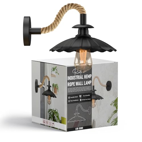 Industrial Black Hemp Rope Wall Sconce Light with 22cm Umbrella Shade