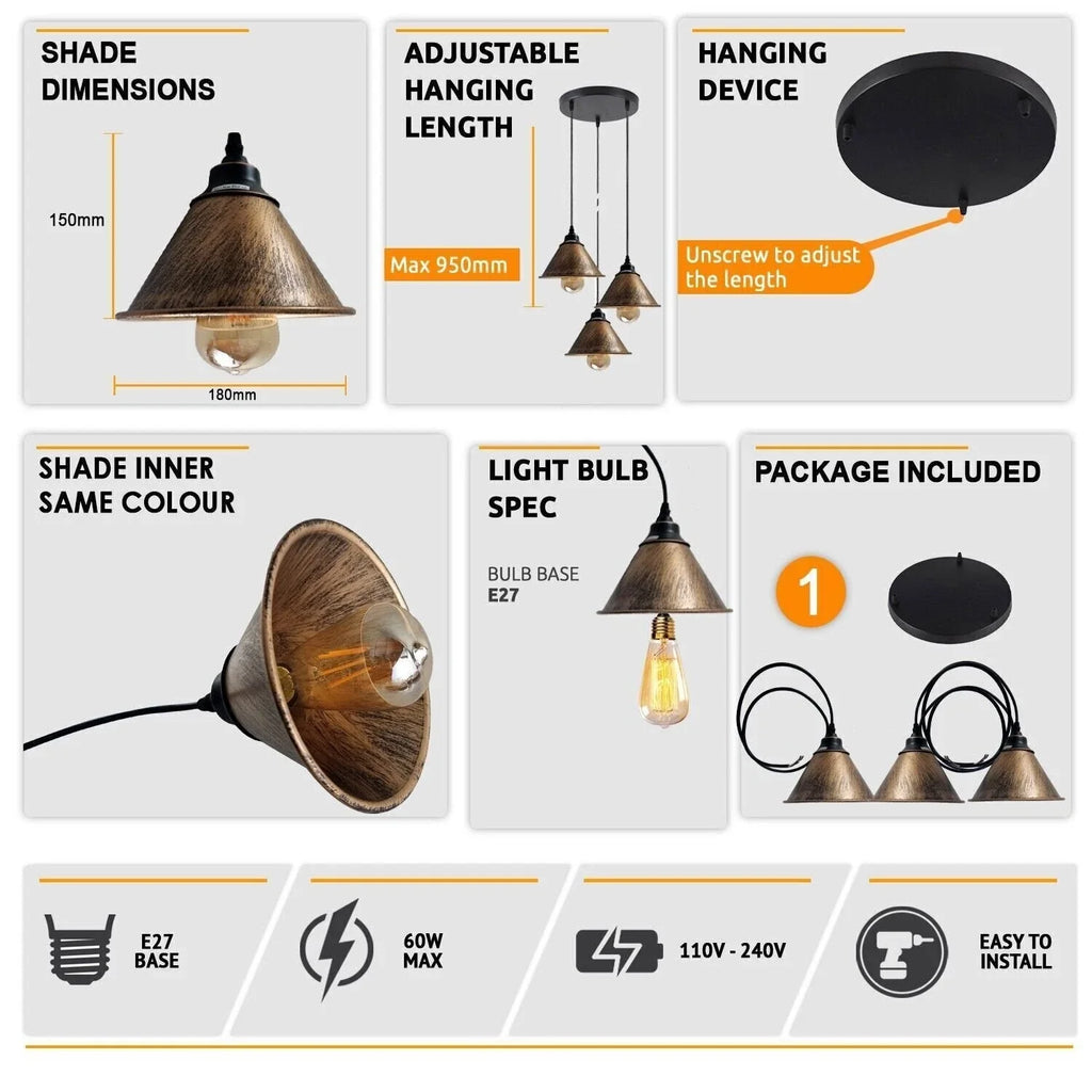 Brushed Copper Industrial Metal Pendant Light Shades for Retro Ceiling Lamps