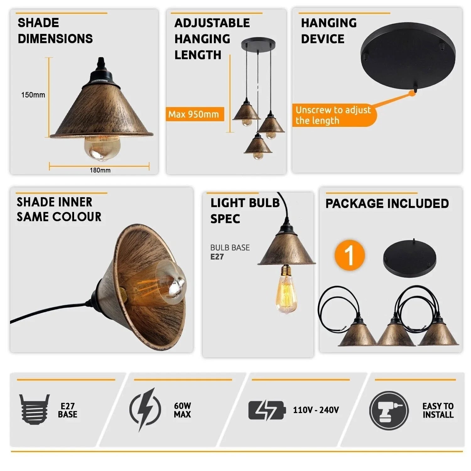 Vintage Industrial Brushed Copper Metal Pendant Light Set for Ceilings