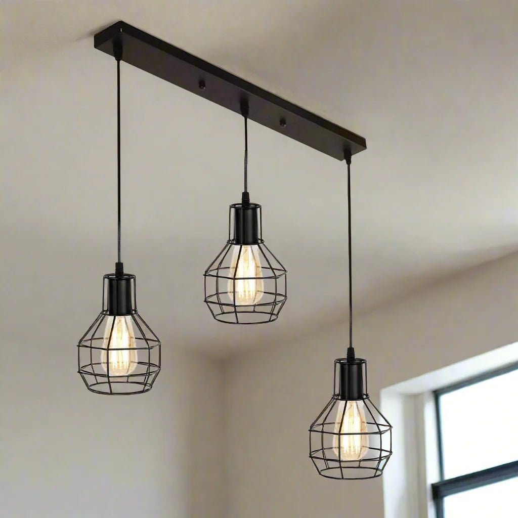 Vintage Industrial Retro Black 3-Light Ceiling Pendant Lamp with Metal Cages