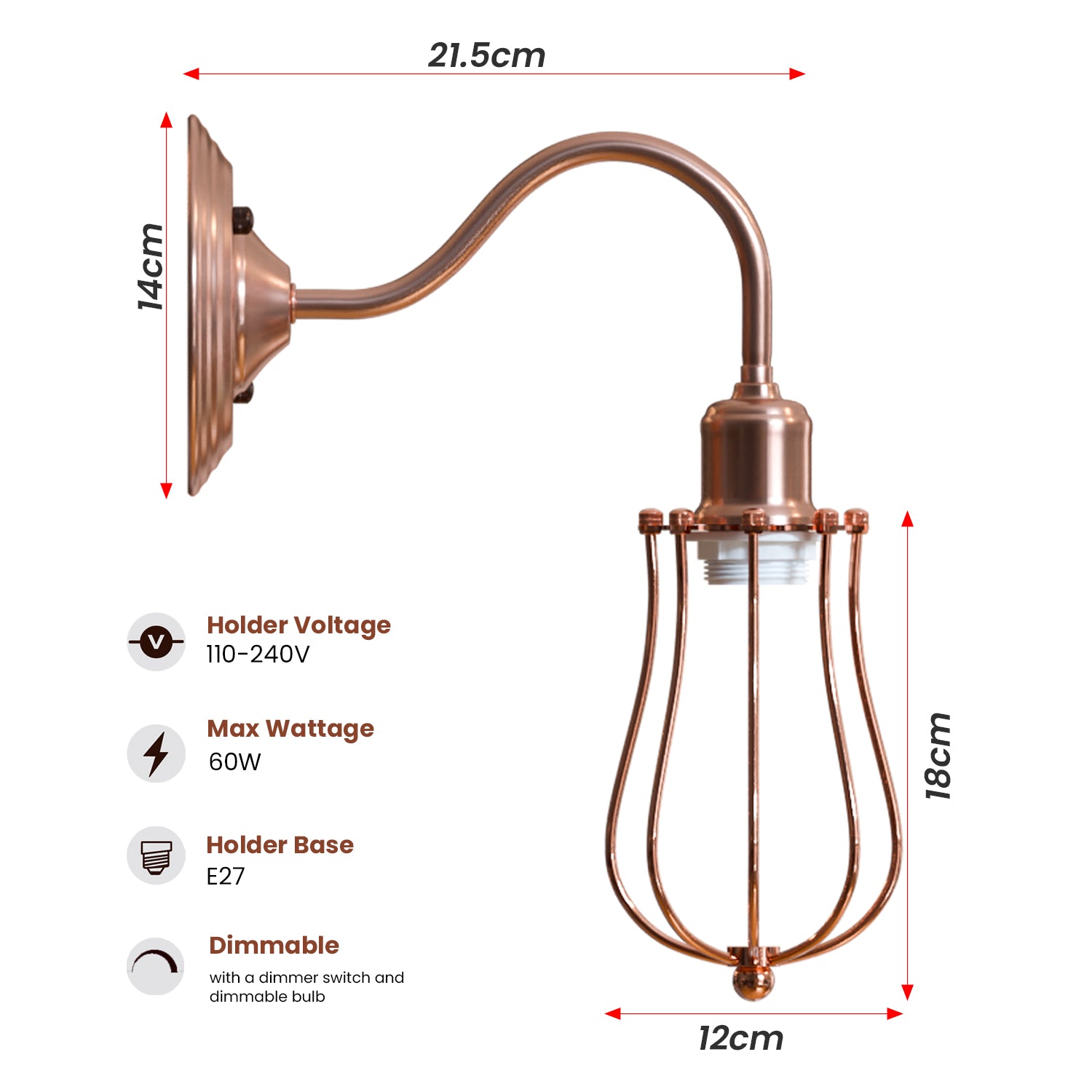 Industrial Metal Wall Sconce E27 Copper Mounted Lamp ~6045