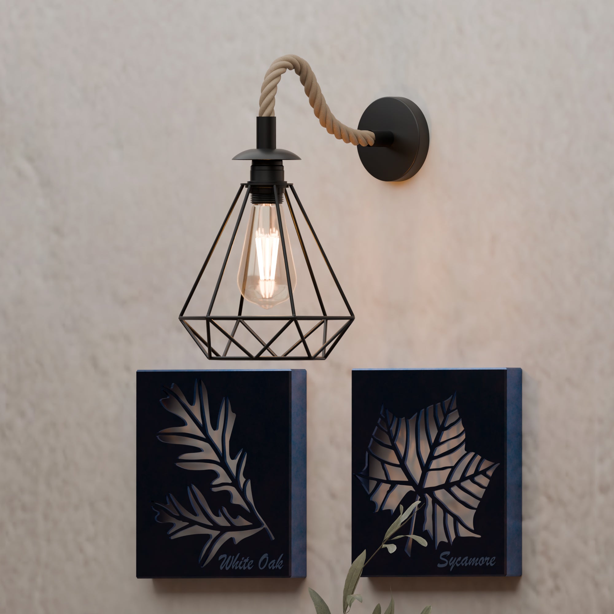 Vintage Industrial E27 Wall Lamp with Hemp Rope Diamond Cage Metal Design