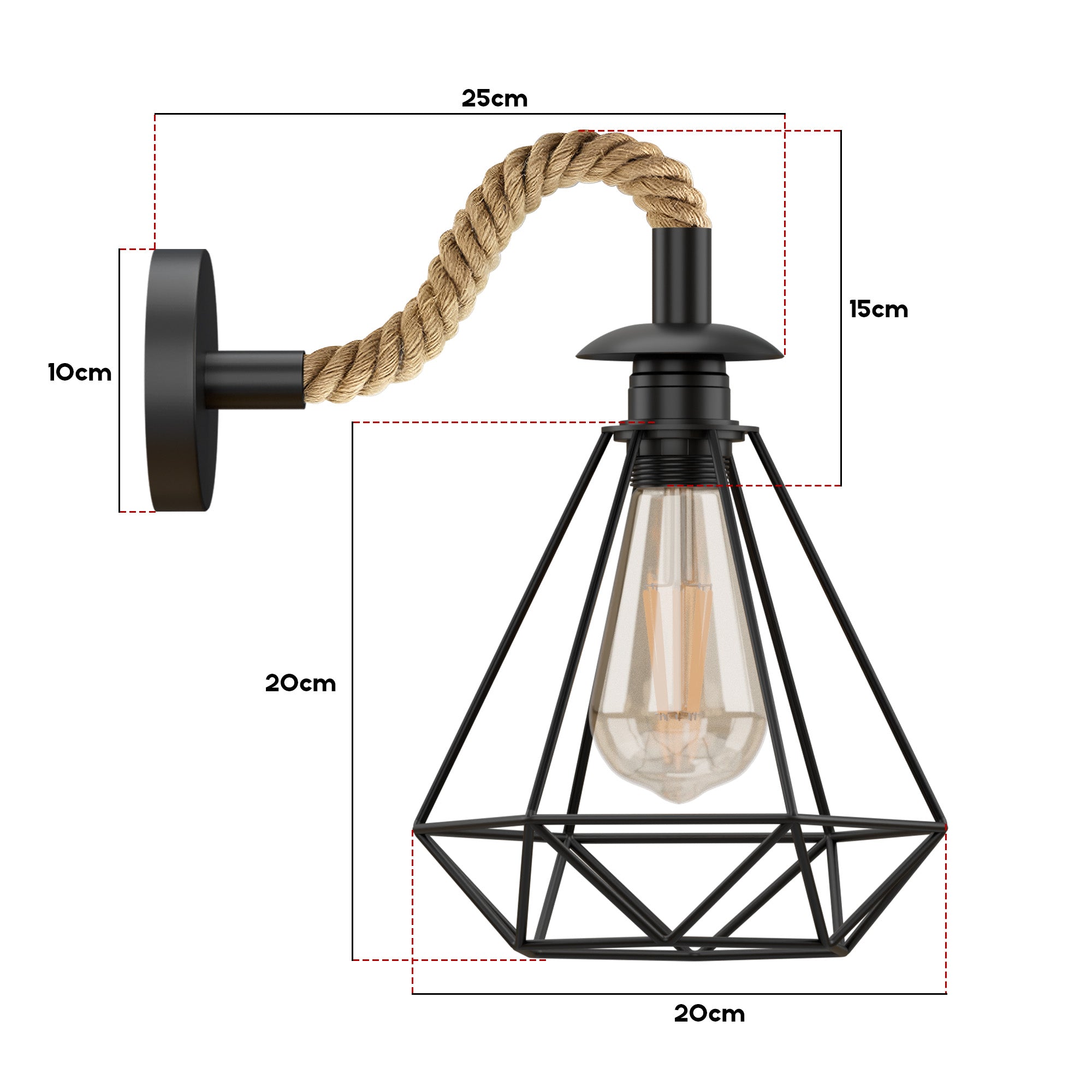 Vintage Industrial E27 Wall Lamp with Hemp Rope Diamond Cage Metal Design