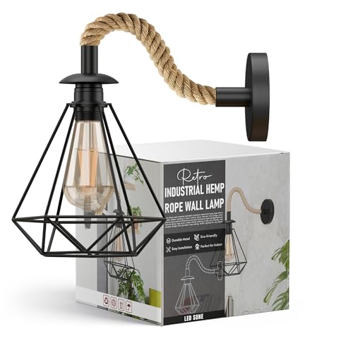 Vintage Industrial E27 Wall Lamp with Hemp Rope Diamond Cage Metal Design