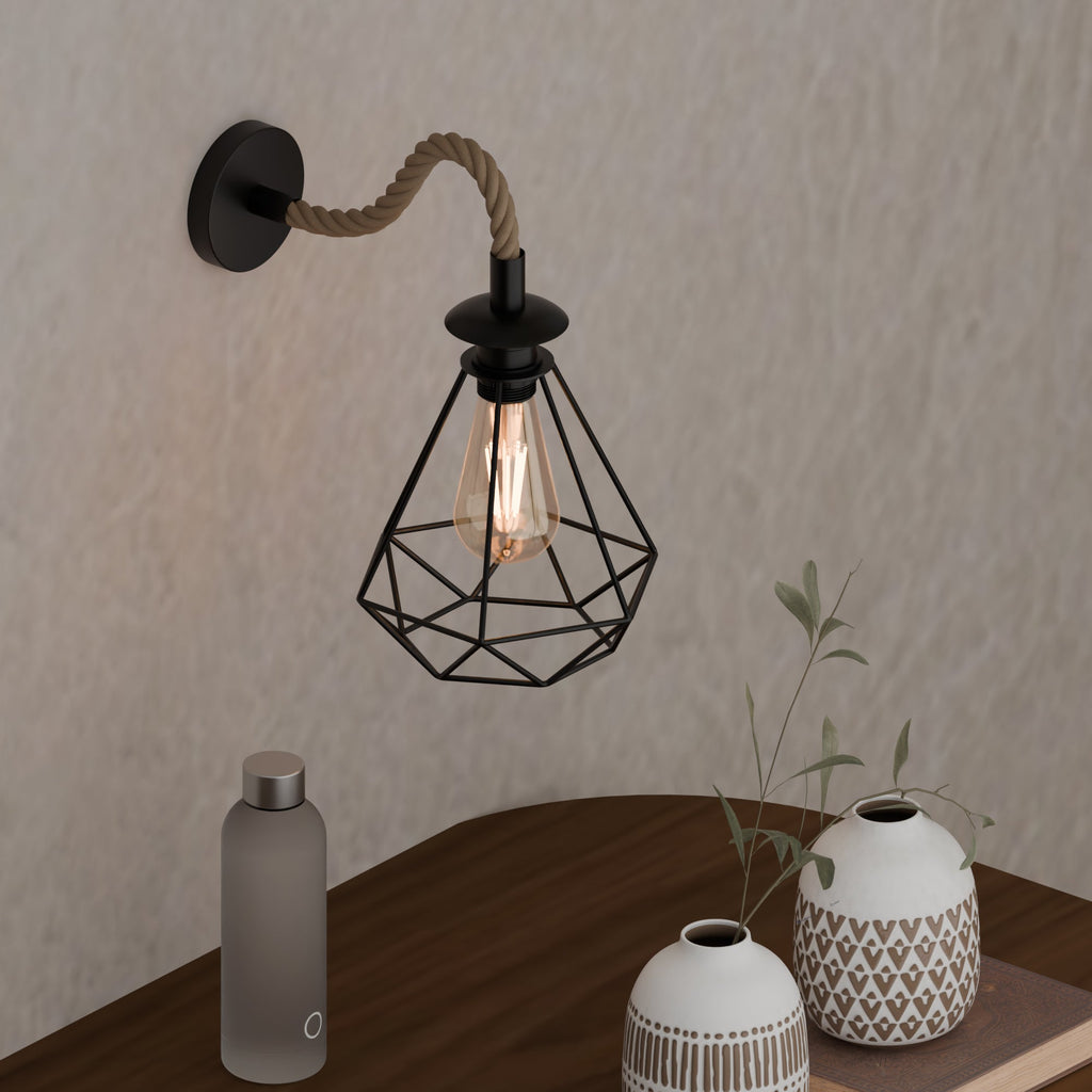 Vintage Industrial E27 Wall Lamp with Hemp Rope Diamond Cage Metal Design