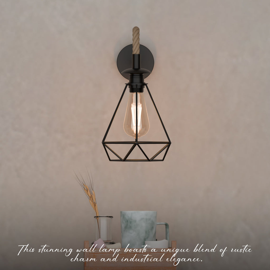 Vintage Industrial E27 Wall Lamp with Hemp Rope Diamond Cage Metal Design