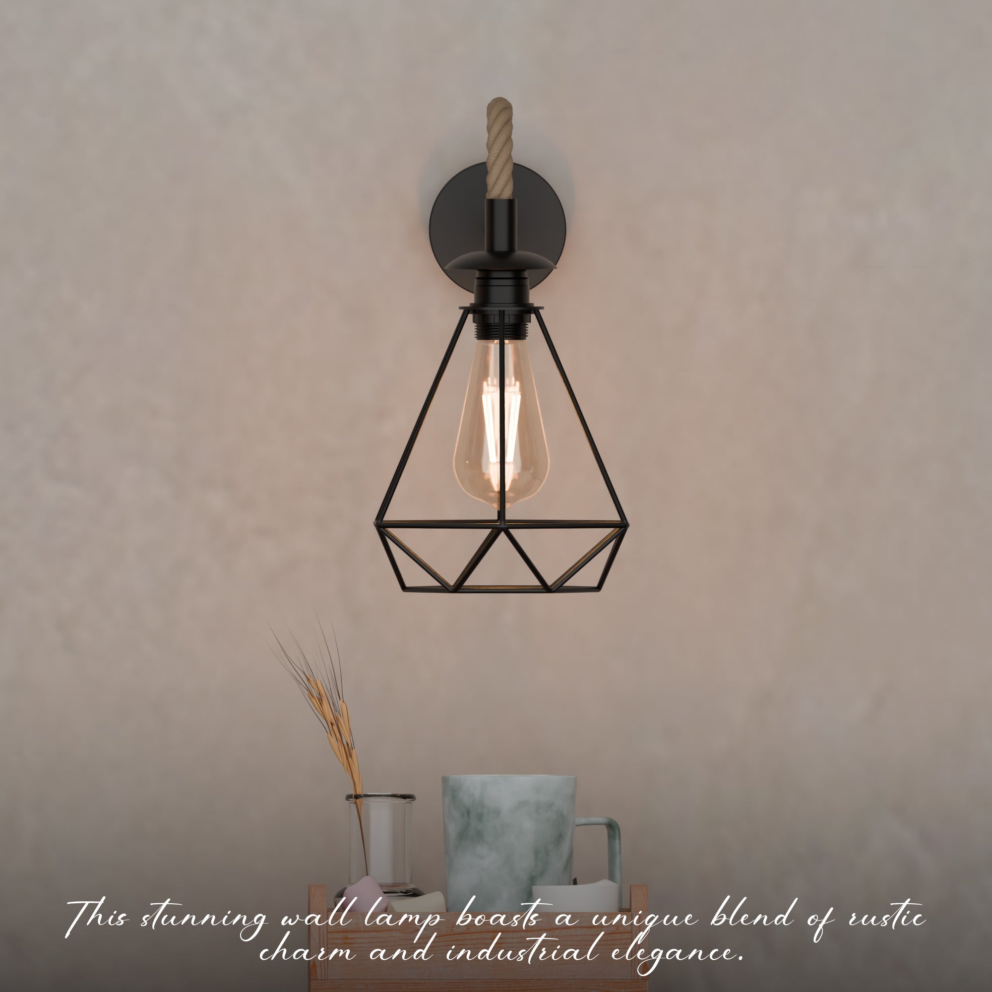 Vintage Industrial E27 Wall Lamp with Hemp Rope Diamond Cage Metal Design