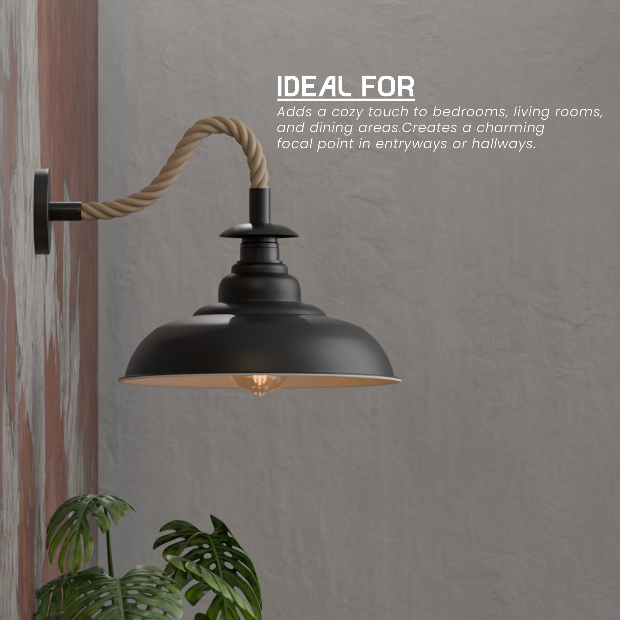 Vintage Hemp Rope Wall Sconce Light with Curvy Metal Shade E27 Industrial Style