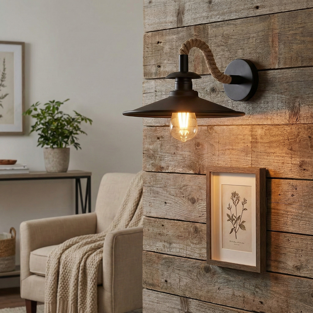 Vintage Hemp Rope Wall Sconce Industrial Metal Flat Shade Light