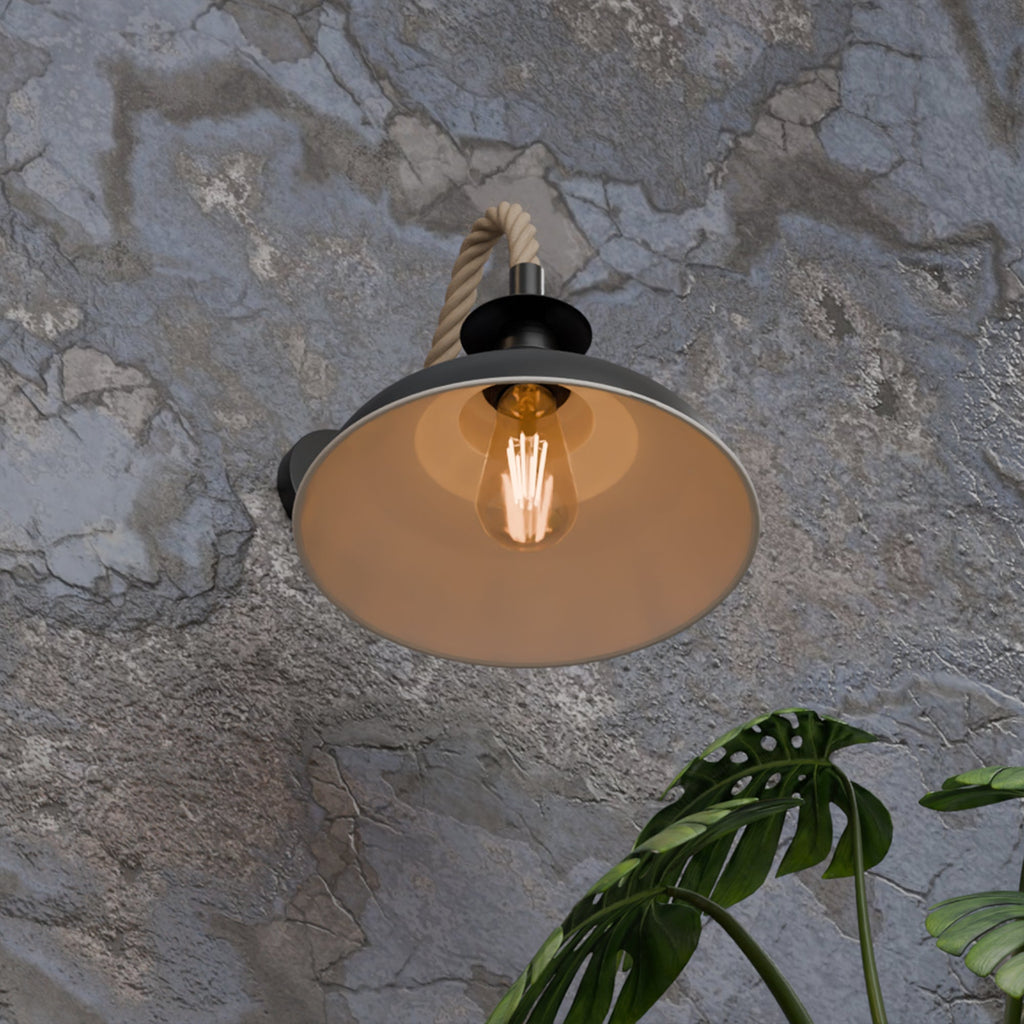 Vintage Hemp Rope Wall Sconce Light with Curvy Metal Shade E27 Industrial Style