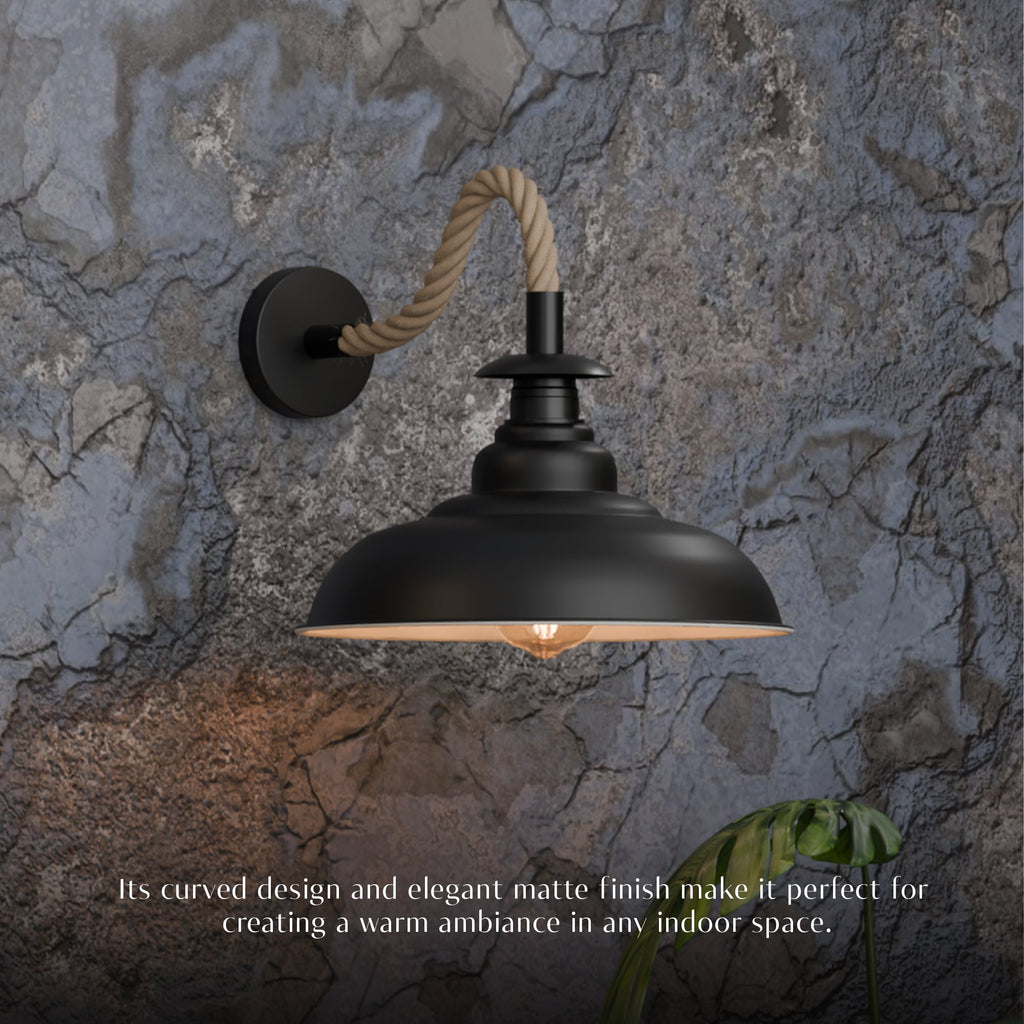 Vintage Hemp Rope Wall Sconce Light with Curvy Metal Shade E27 Industrial Style