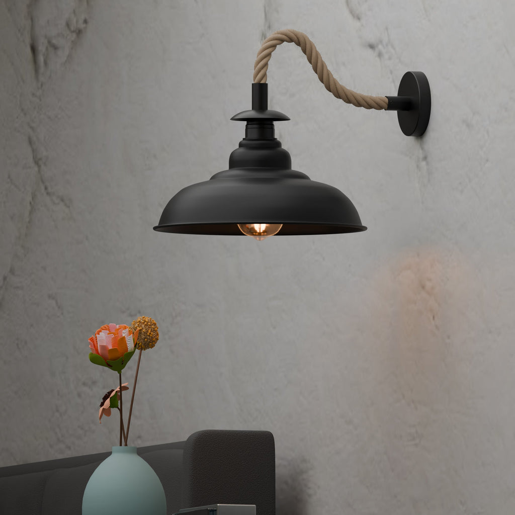 Black Rope Wall Sconce Light with Diamond Cage, Industrial Vintage Design
