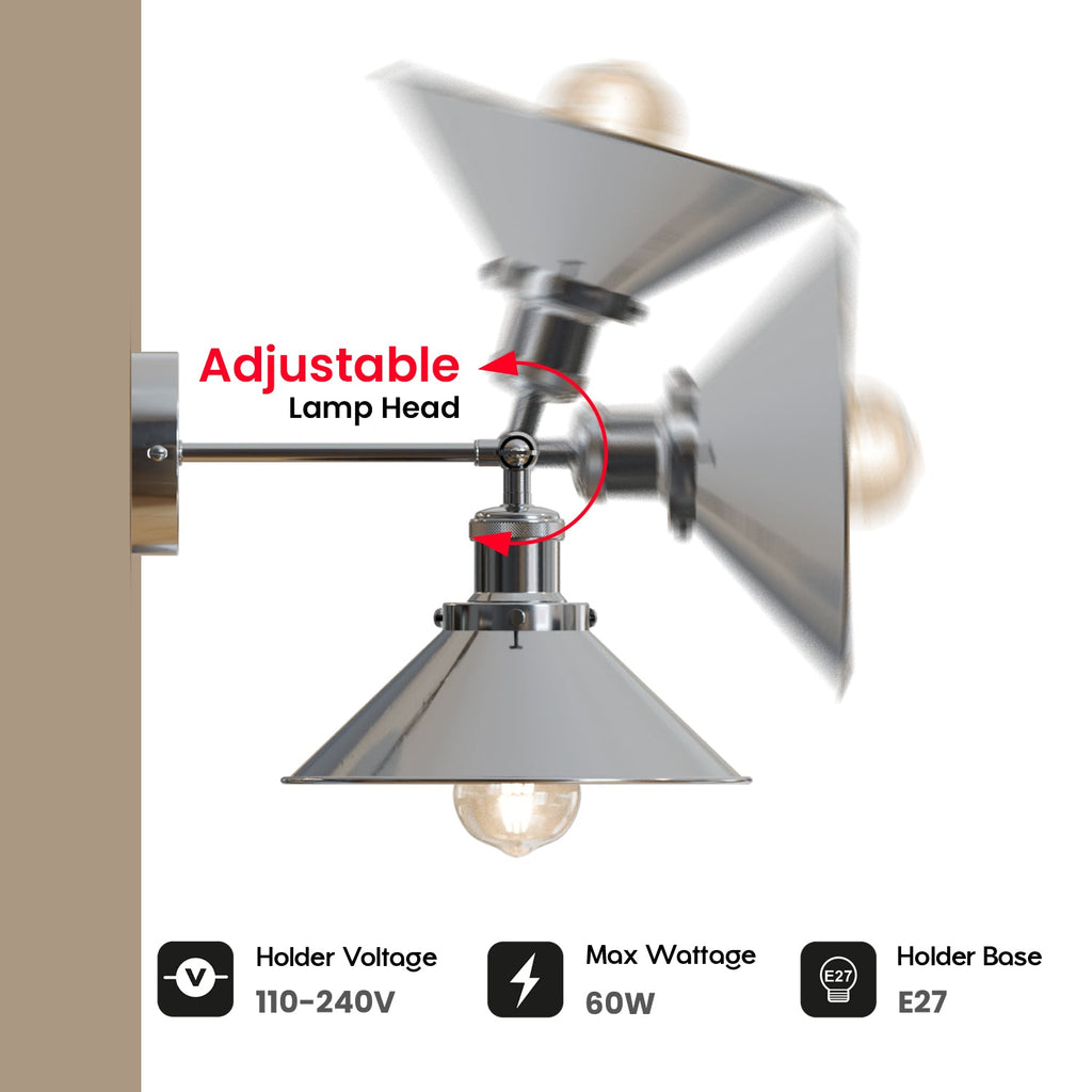 Adjustable Satin Nickel Industrial Wall Lamp with Retro Metal Shade