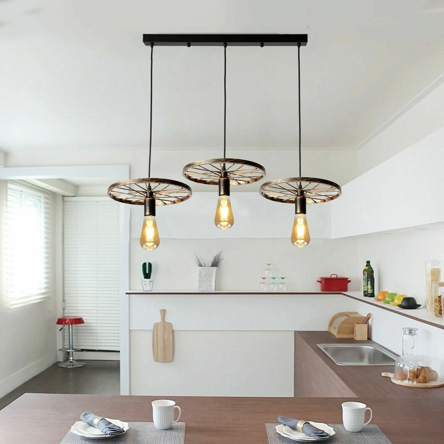 Vintage Industrial Bike Wheel Pendant Light with 3 Hanging Retro Shades