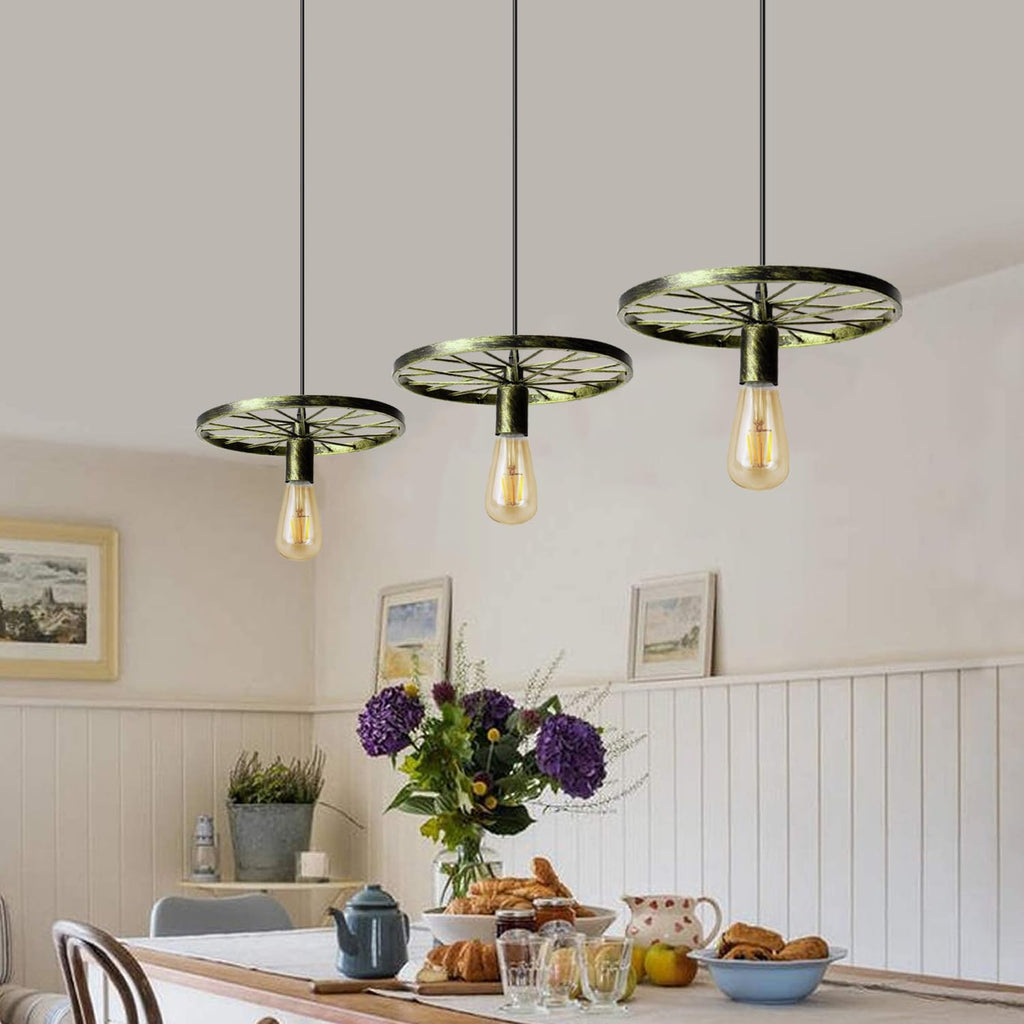 Vintage Industrial Bike Wheel Pendant Light with 3 Hanging Retro Shades