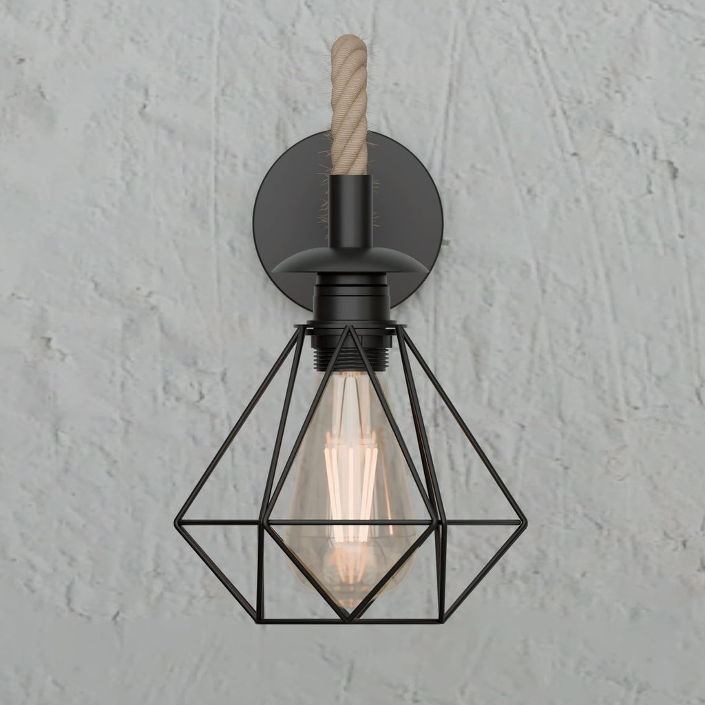 Industrial Vintage Hemp Rope Wall Light with Diamond Cage, E27 Fixture