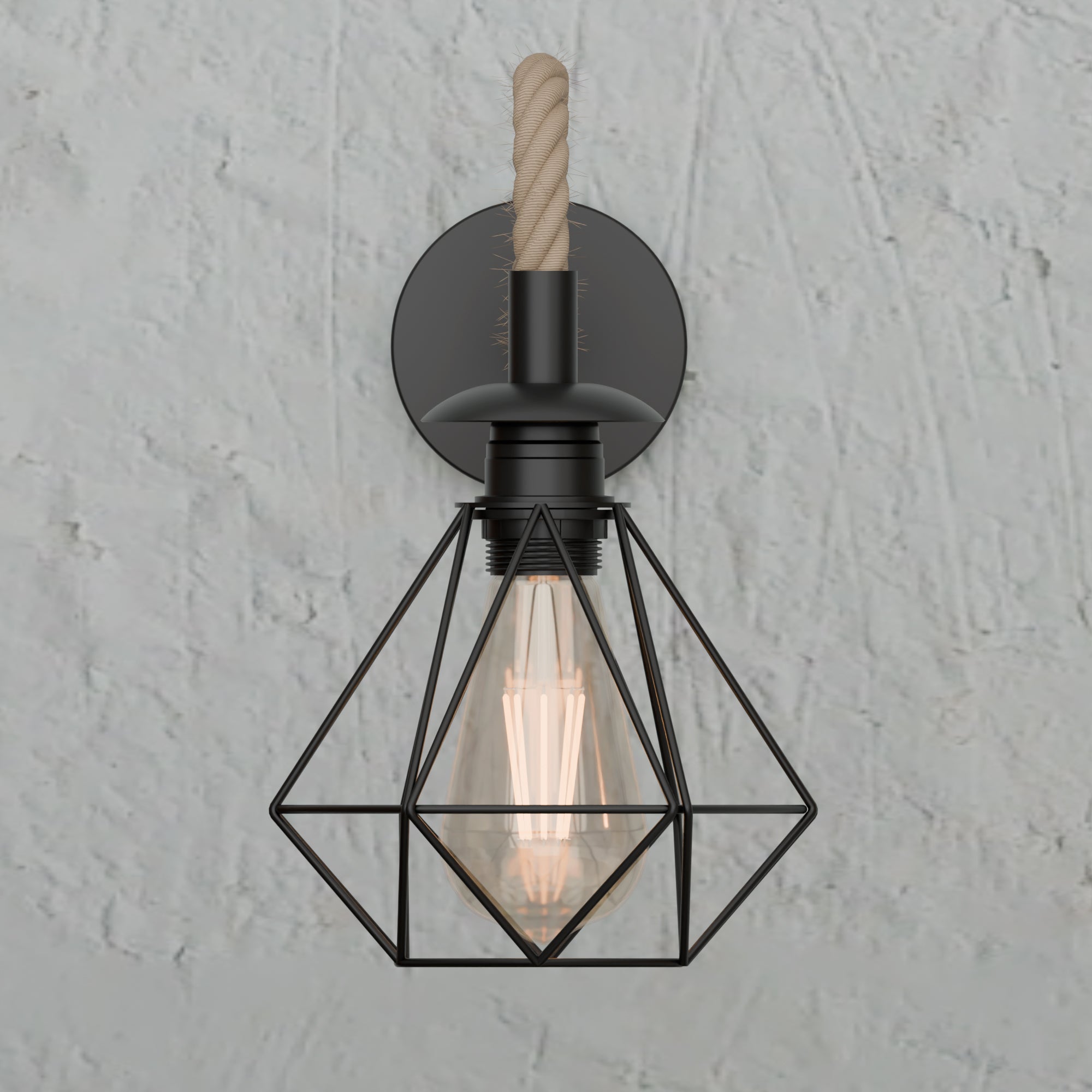 Industrial Vintage Hemp Rope Wall Light with Diamond Cage, E27 Fixture