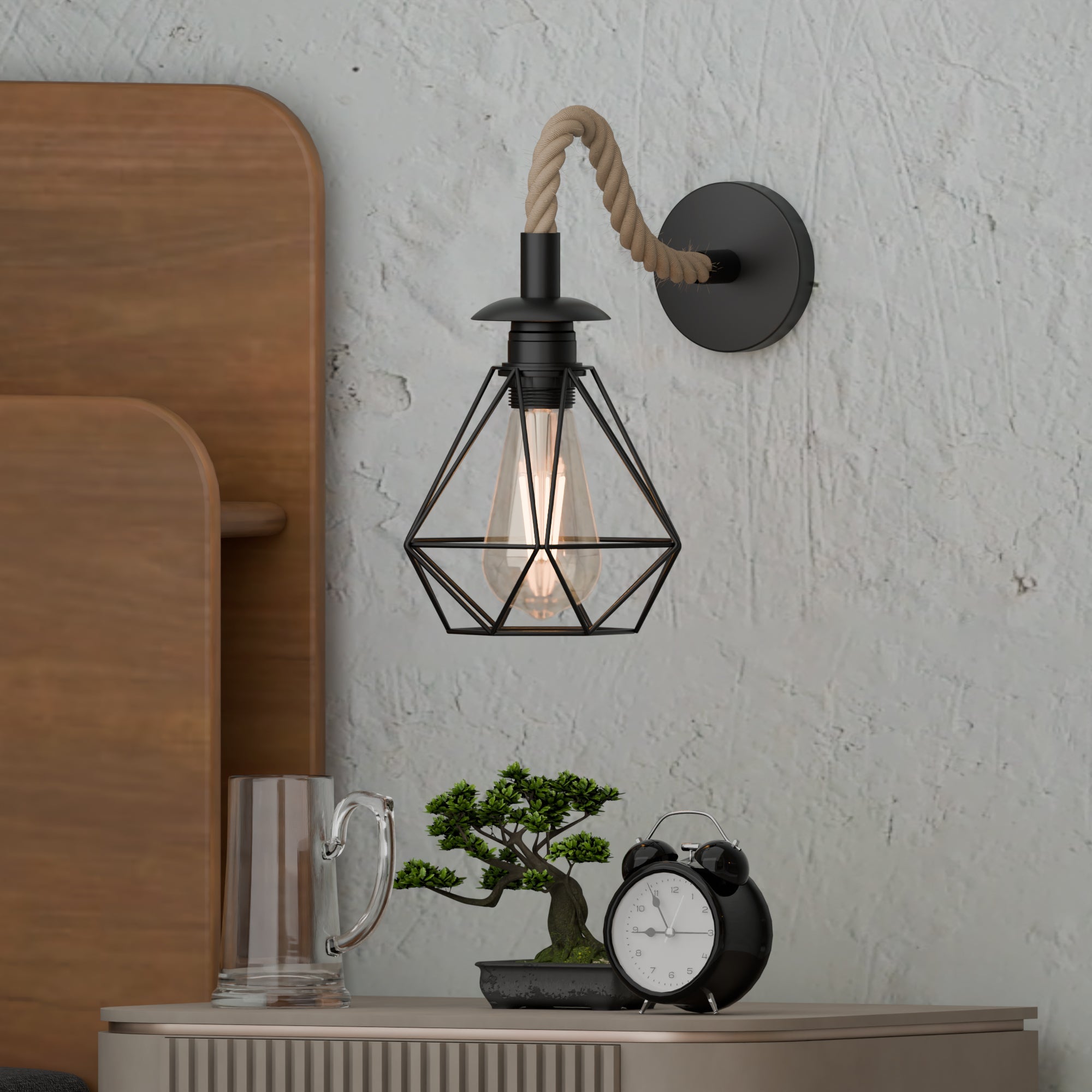 Industrial Vintage Hemp Rope Wall Light with Diamond Cage, E27 Fixture