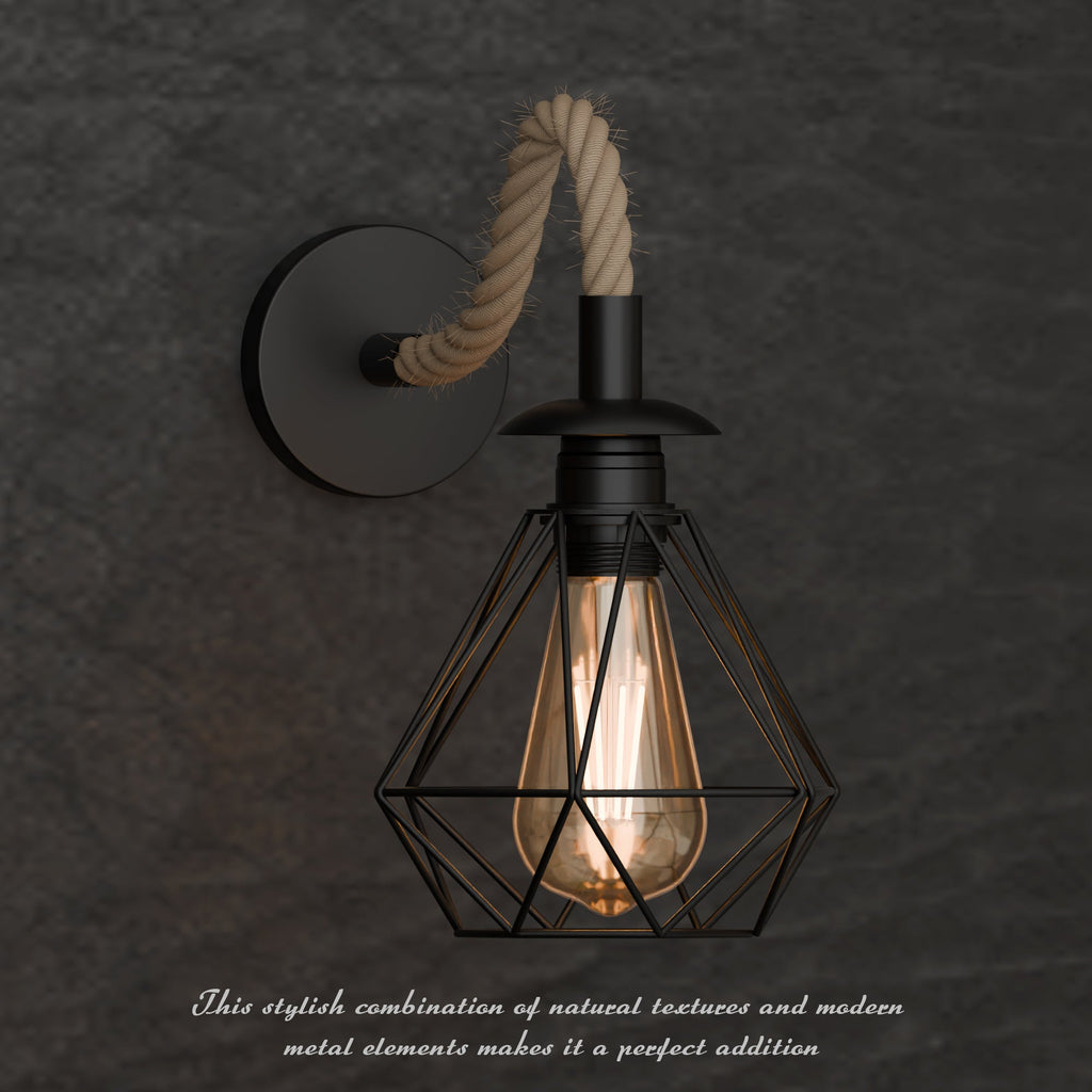 Industrial Vintage Hemp Rope Wall Light with Diamond Cage, E27 Fixture