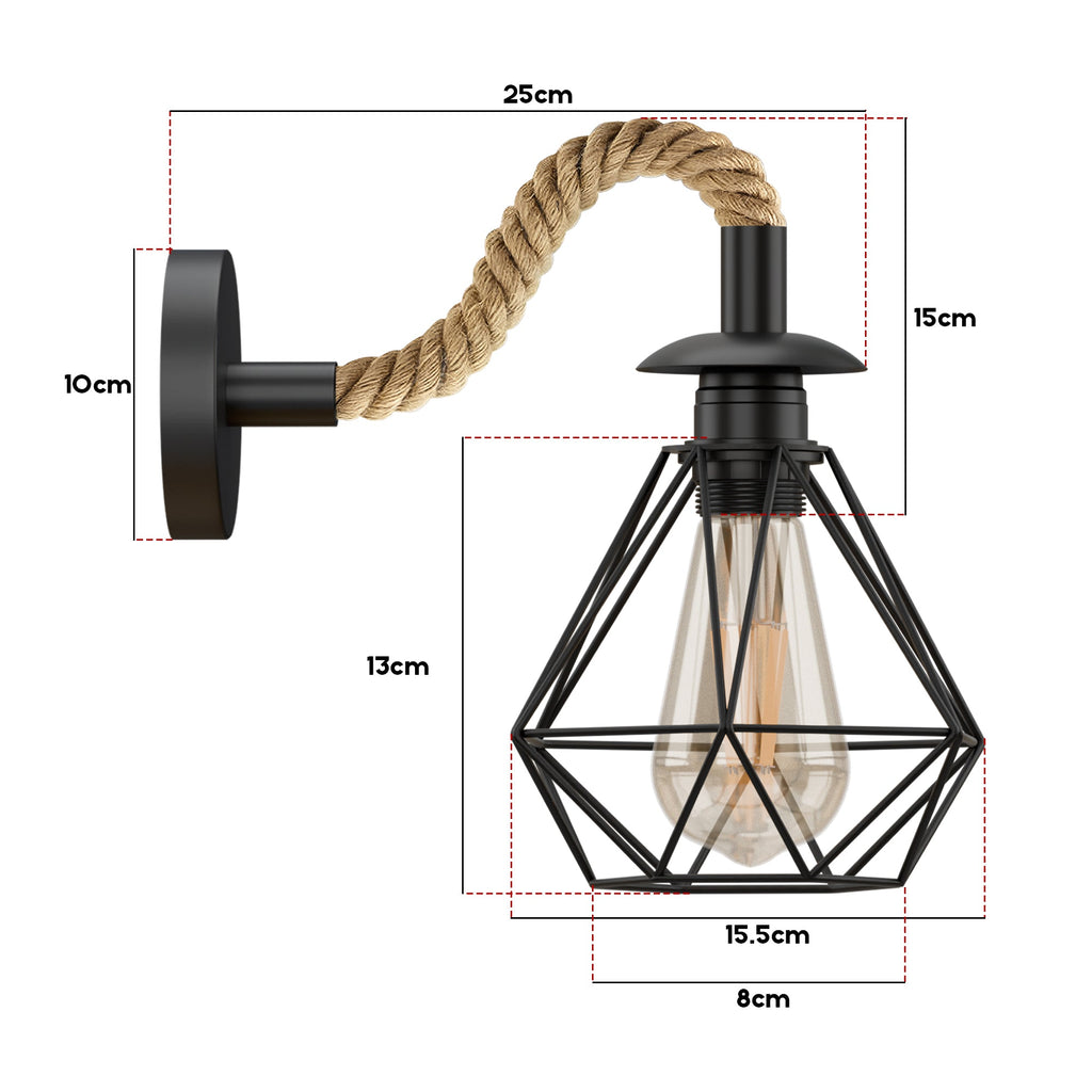 Industrial Vintage Hemp Rope Wall Light with Diamond Cage, E27 Fixture