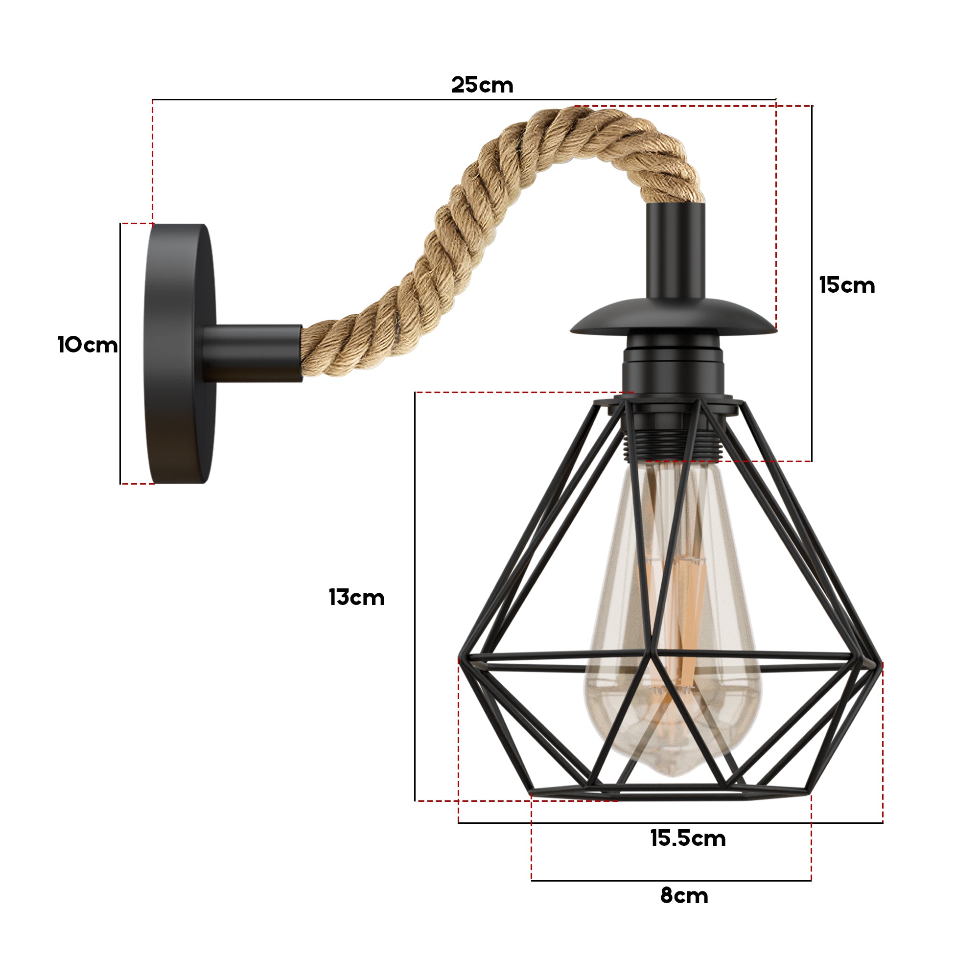 Industrial Vintage Hemp Rope Wall Light with Diamond Cage, E27 Fixture