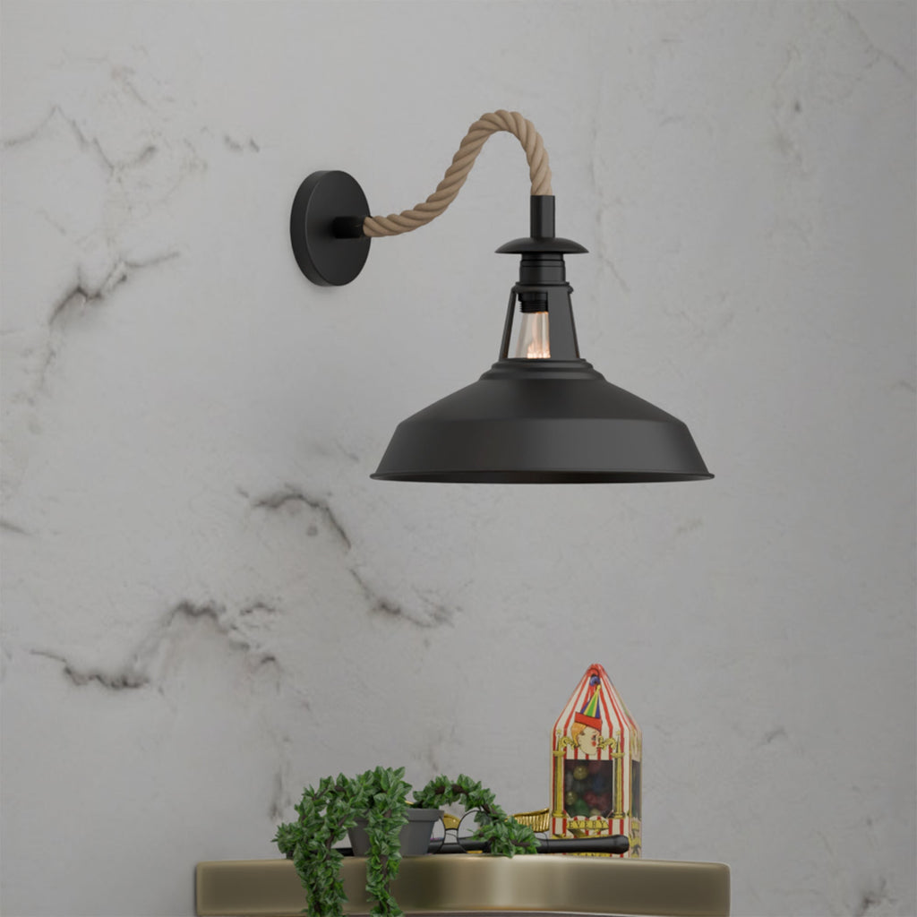 Rustic Vintage Hemp Rope Wall Sconce, 12-inch Metal Barn Shade Light
