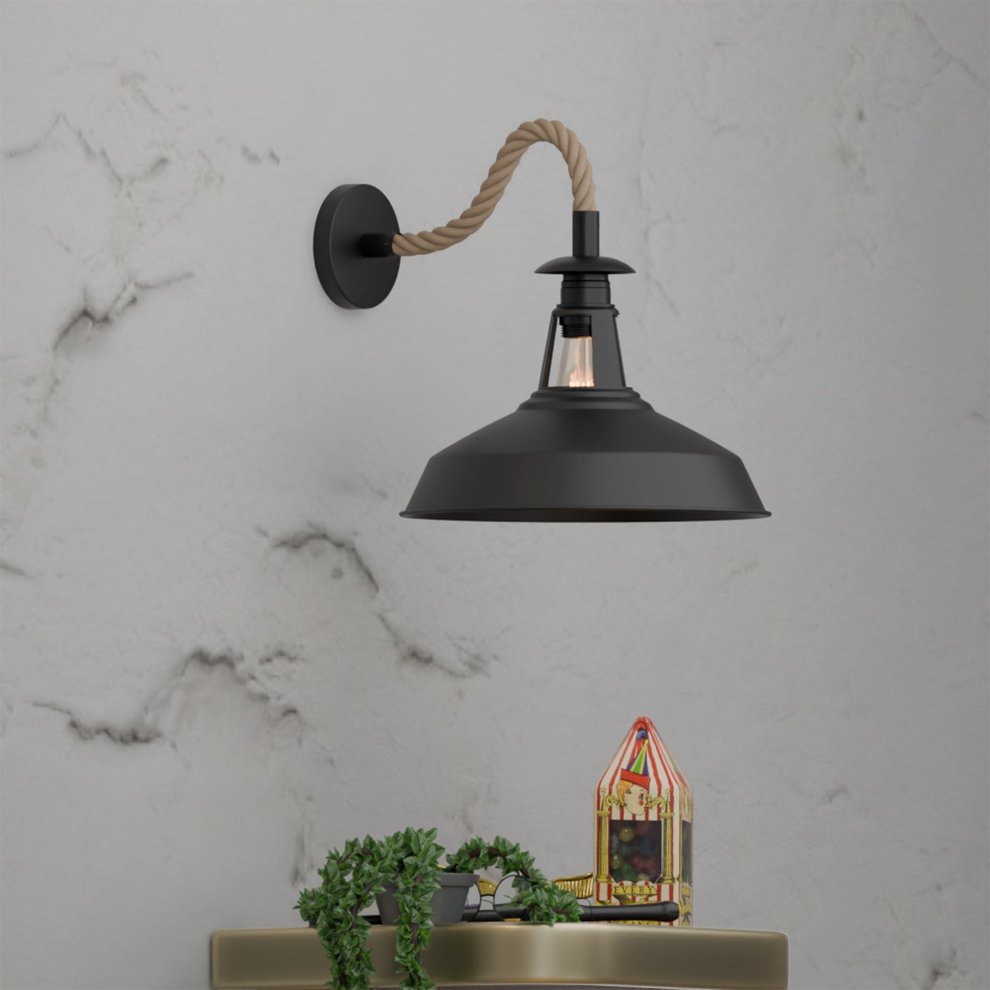 Rustic Vintage Hemp Rope Wall Sconce, 12-inch Metal Barn Shade Light