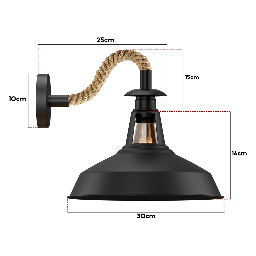 Rustic Vintage Hemp Rope Wall Sconce, 12-inch Metal Barn Shade Light