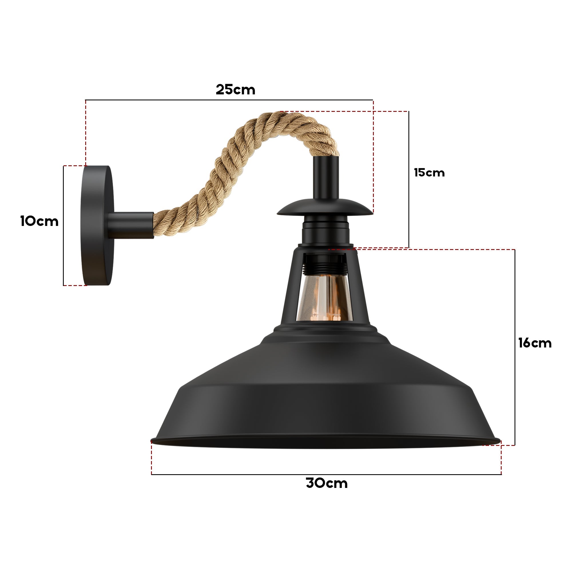 Rustic Vintage Hemp Rope Wall Sconce, 12-inch Metal Barn Shade Light