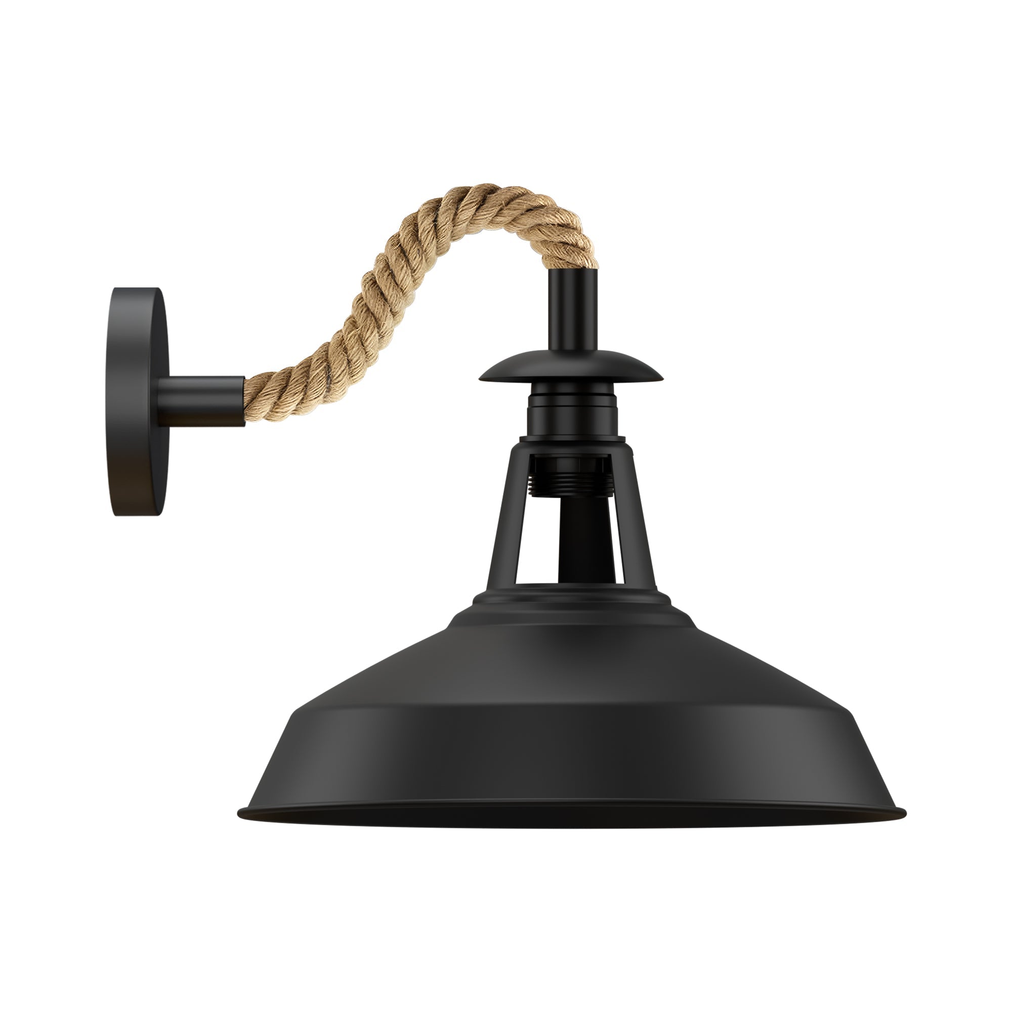 Rustic Vintage Hemp Rope Wall Sconce, 12-inch Metal Barn Shade Light