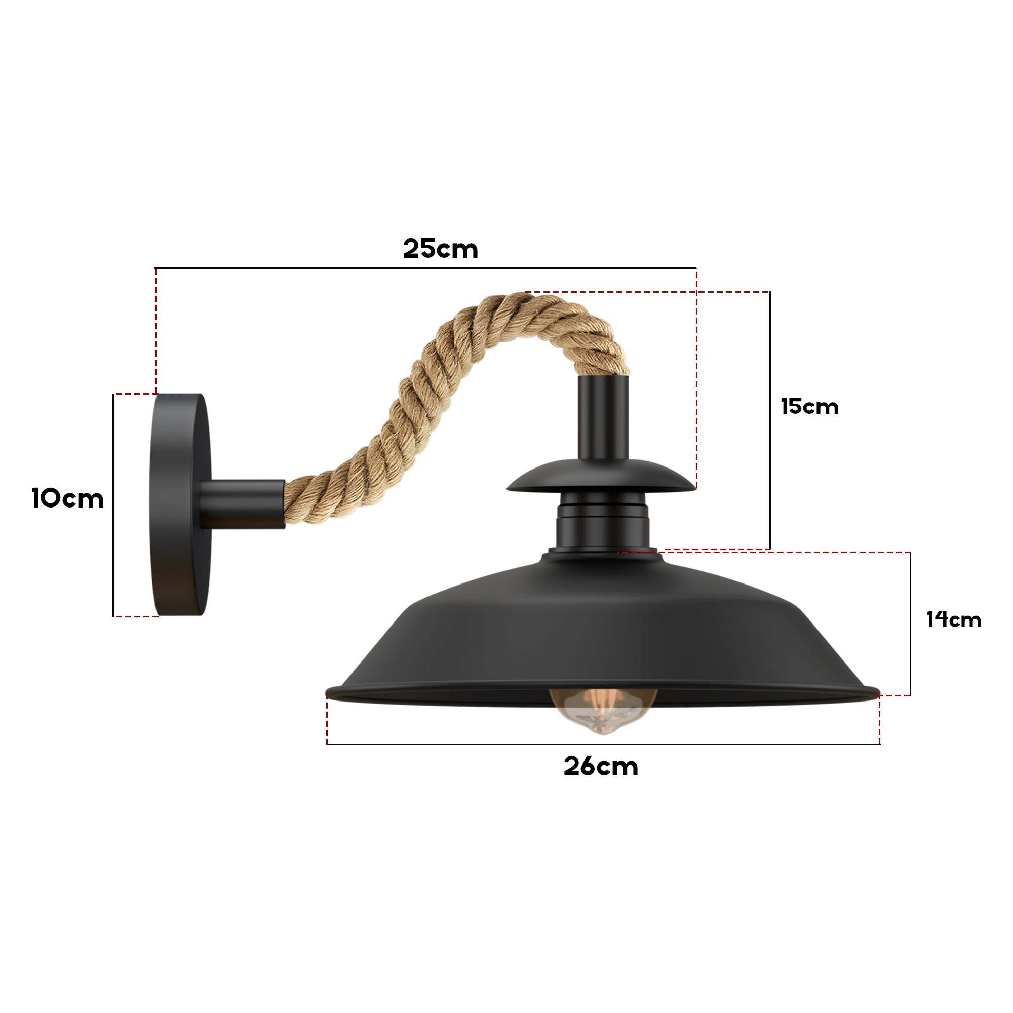Rustic Industrial Hemp Rope Wall Sconce, Metal Shade, E27 Ready