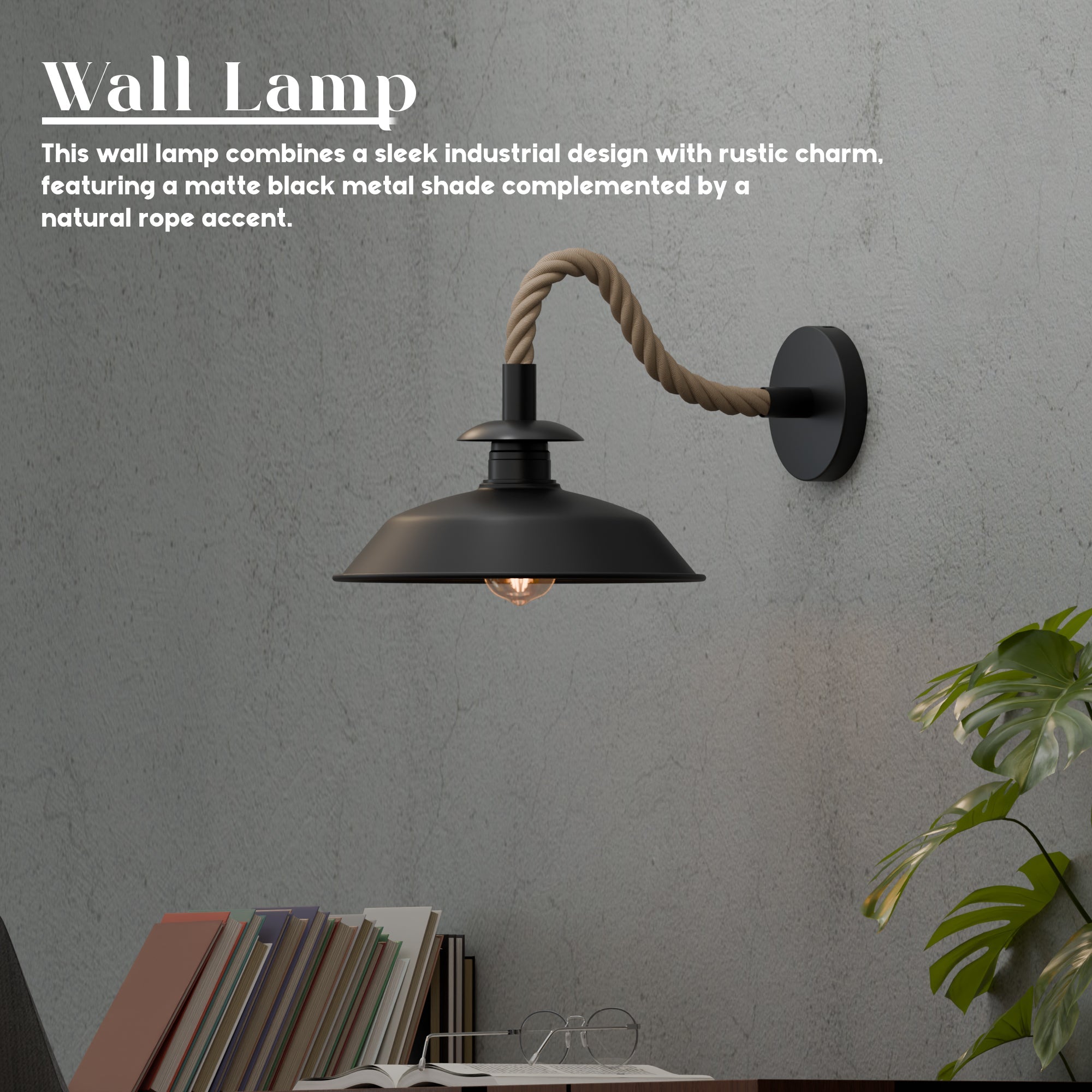 Rustic Industrial Hemp Rope Wall Sconce, Metal Shade, E27 Ready