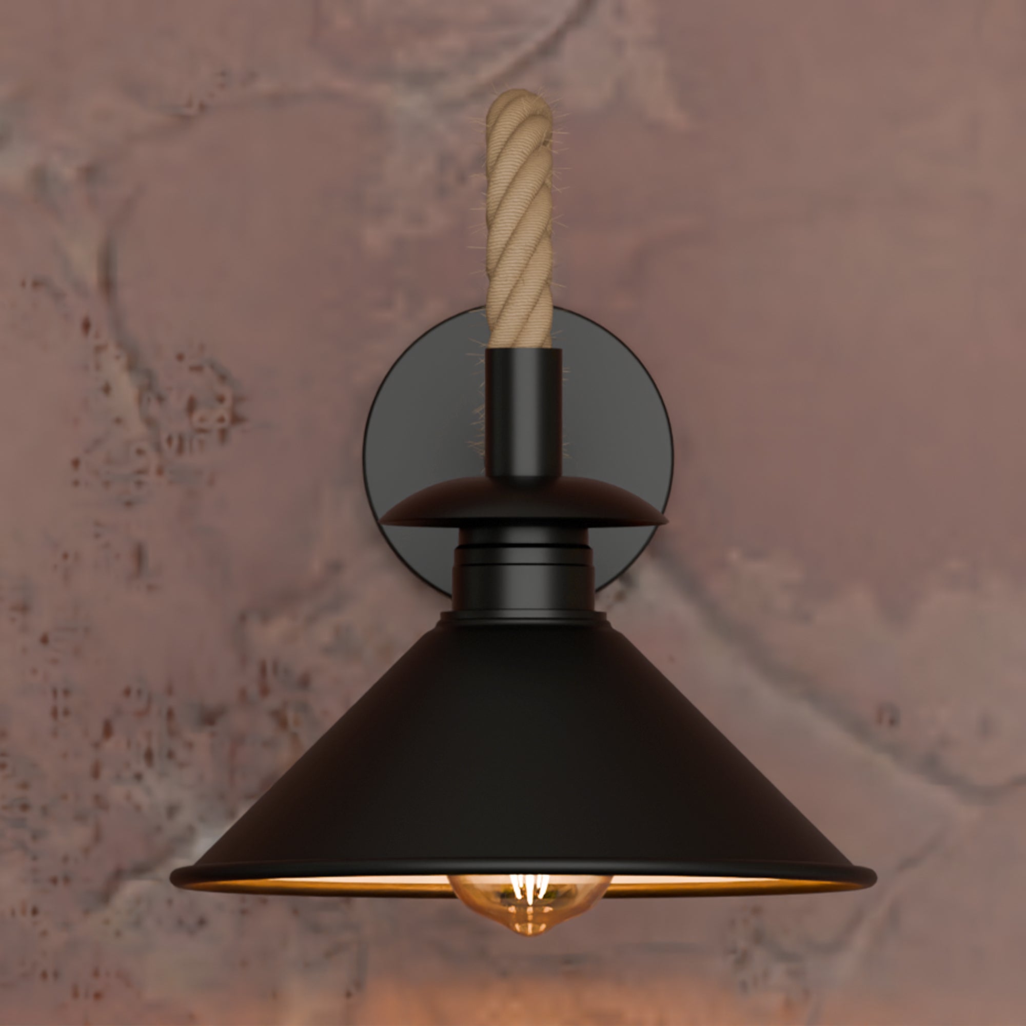 Industrial Black Hemp Rope Wall Sconce Light with Cone Shade Accent