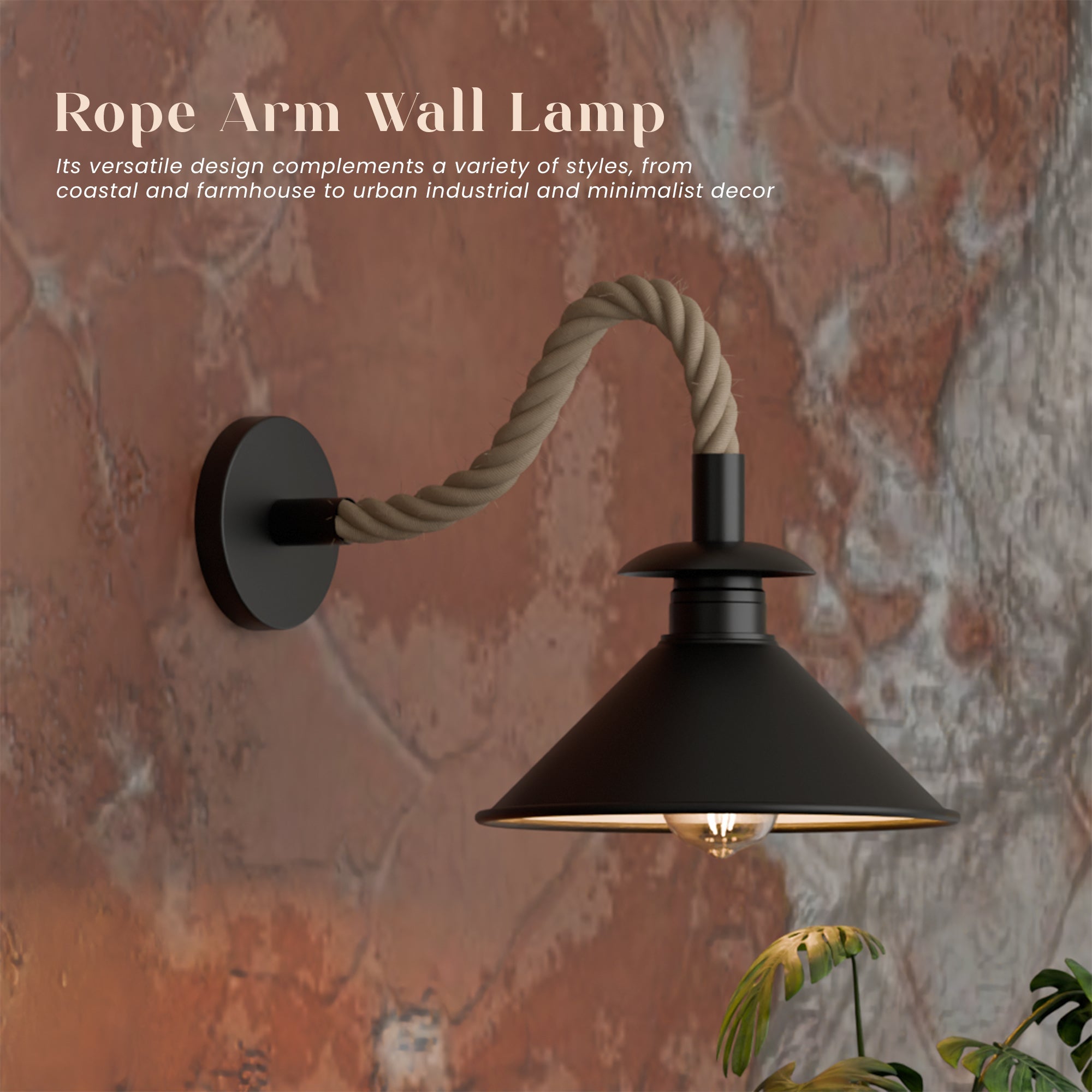 Industrial Black Hemp Rope Wall Sconce Light with Cone Shade Accent