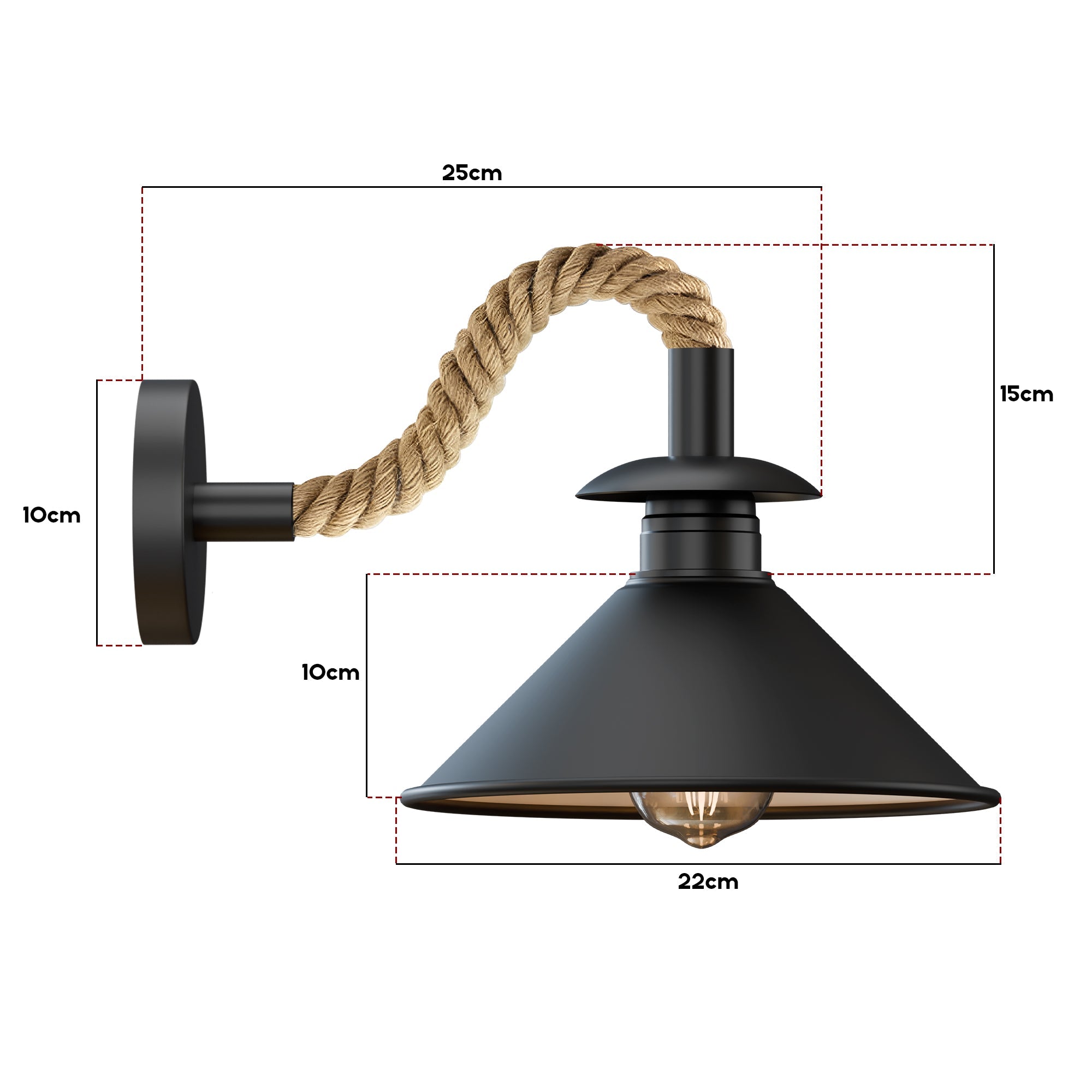 Industrial Black Hemp Rope Wall Sconce Light with Cone Shade Accent