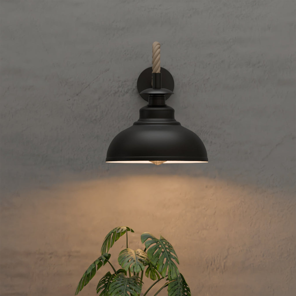 Vintage Hemp Rope Wall Sconce Light, Curvy Metal Shade, E27 Industrial Style