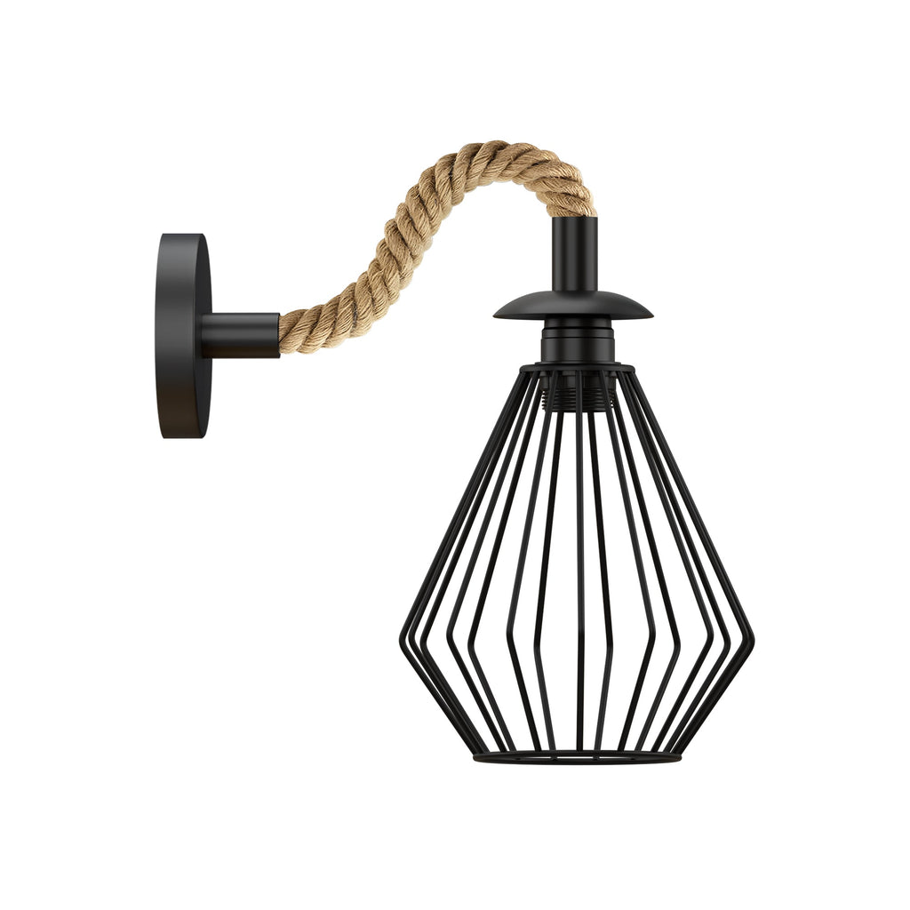 Industrial Black Rope Wall Sconce Light Fixture with Diamond Cage Shade