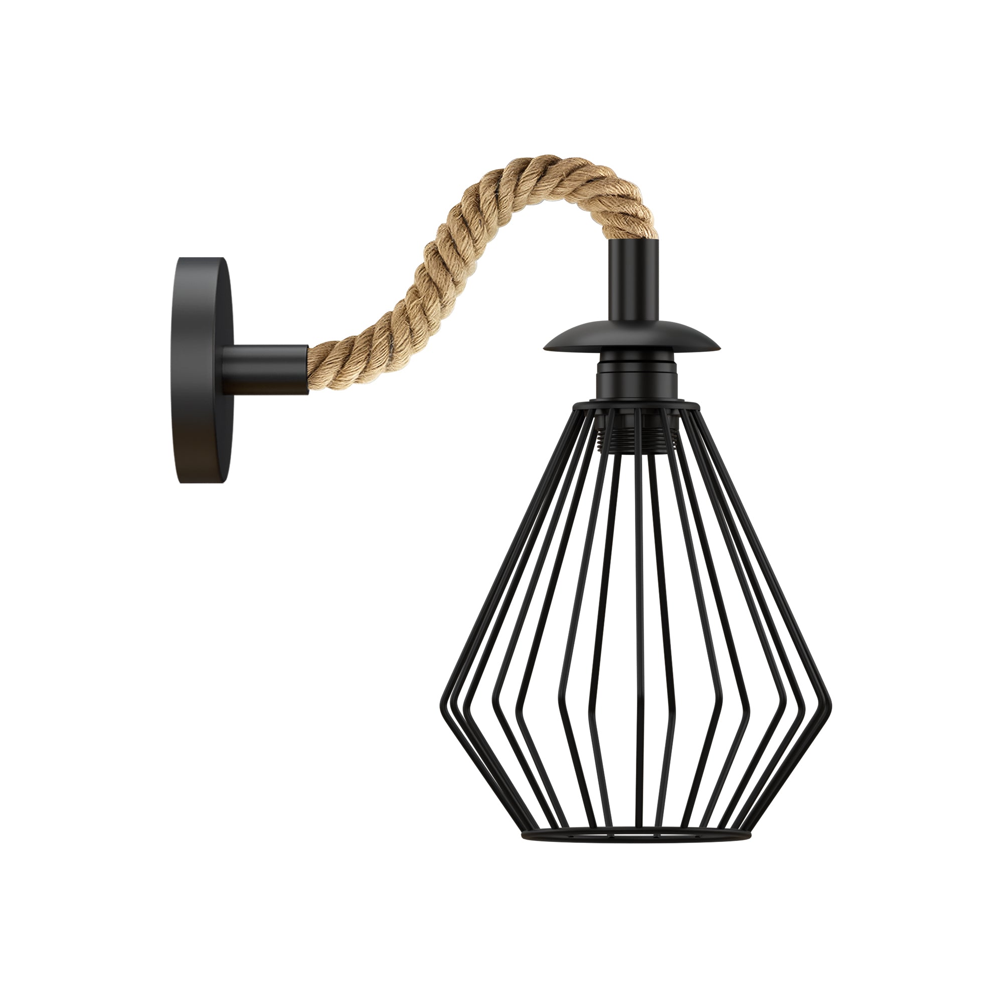 Industrial Black Rope Wall Sconce Light Fixture with Diamond Cage Shade