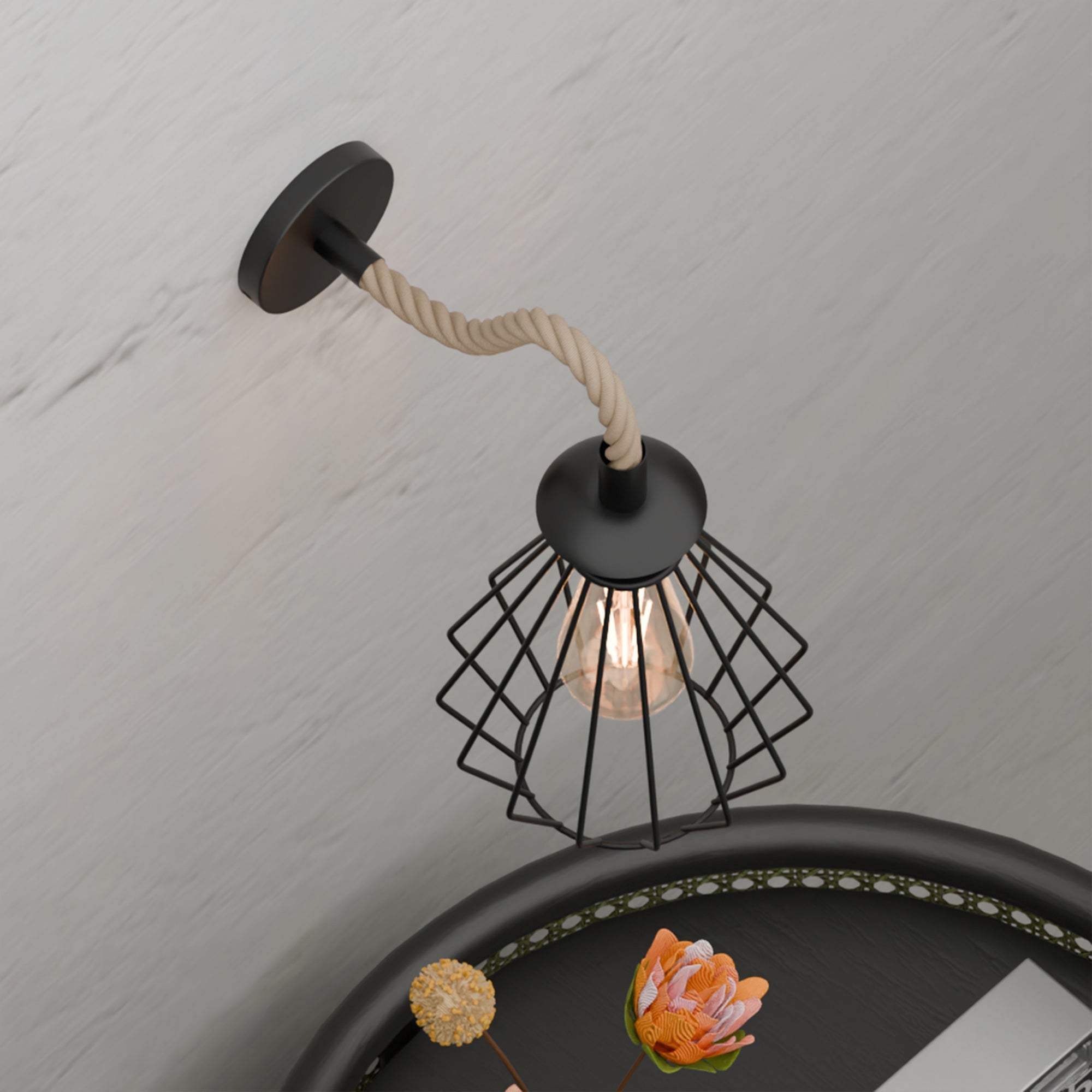 Industrial Black Rope Wall Sconce Light Fixture with Diamond Cage Shade