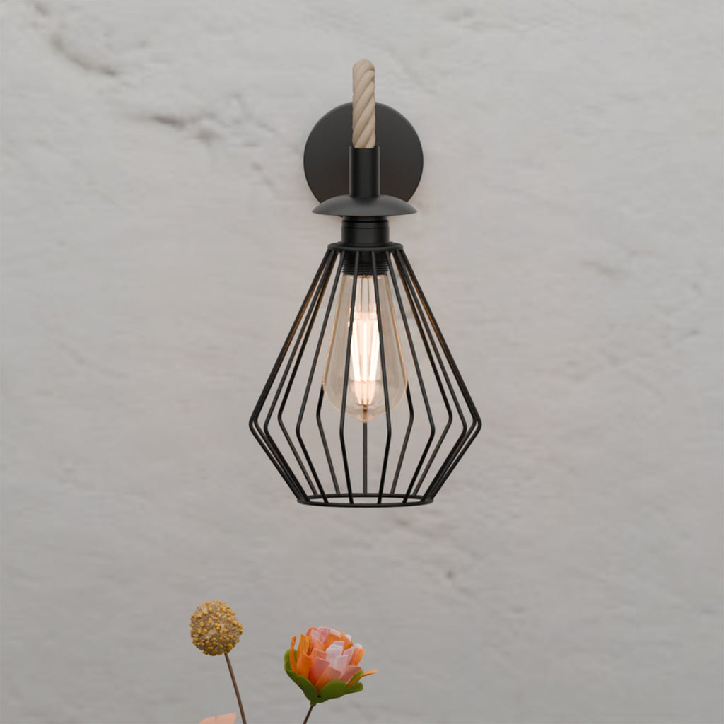 Industrial Black Rope Wall Sconce Light Fixture with Diamond Cage Shade